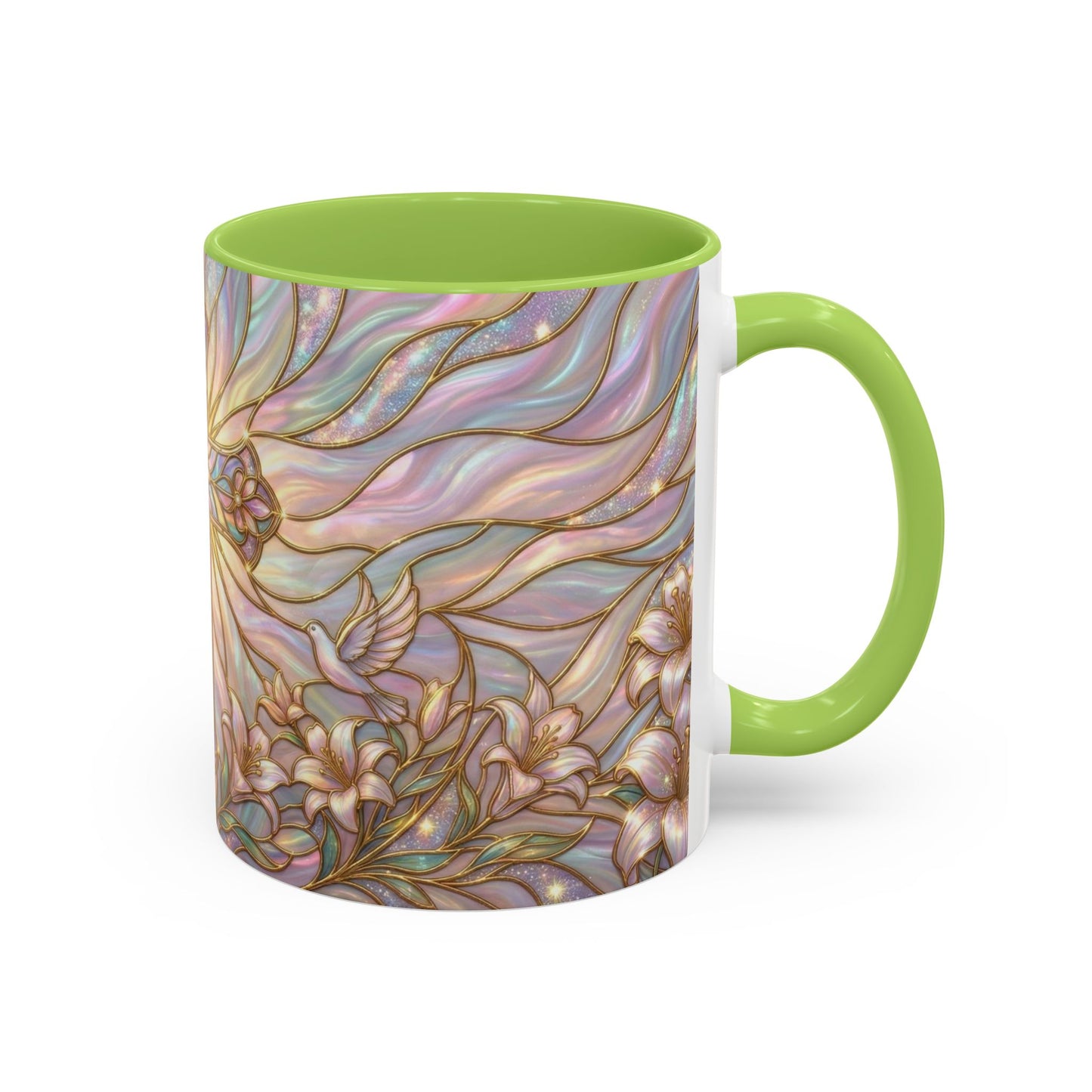 Stained Glass Cross Mug, Easter Lily Coffee Cup, Christian Gift for Women, Pastel Religious Drinkware, Dove and Faith Cup, Spiritual