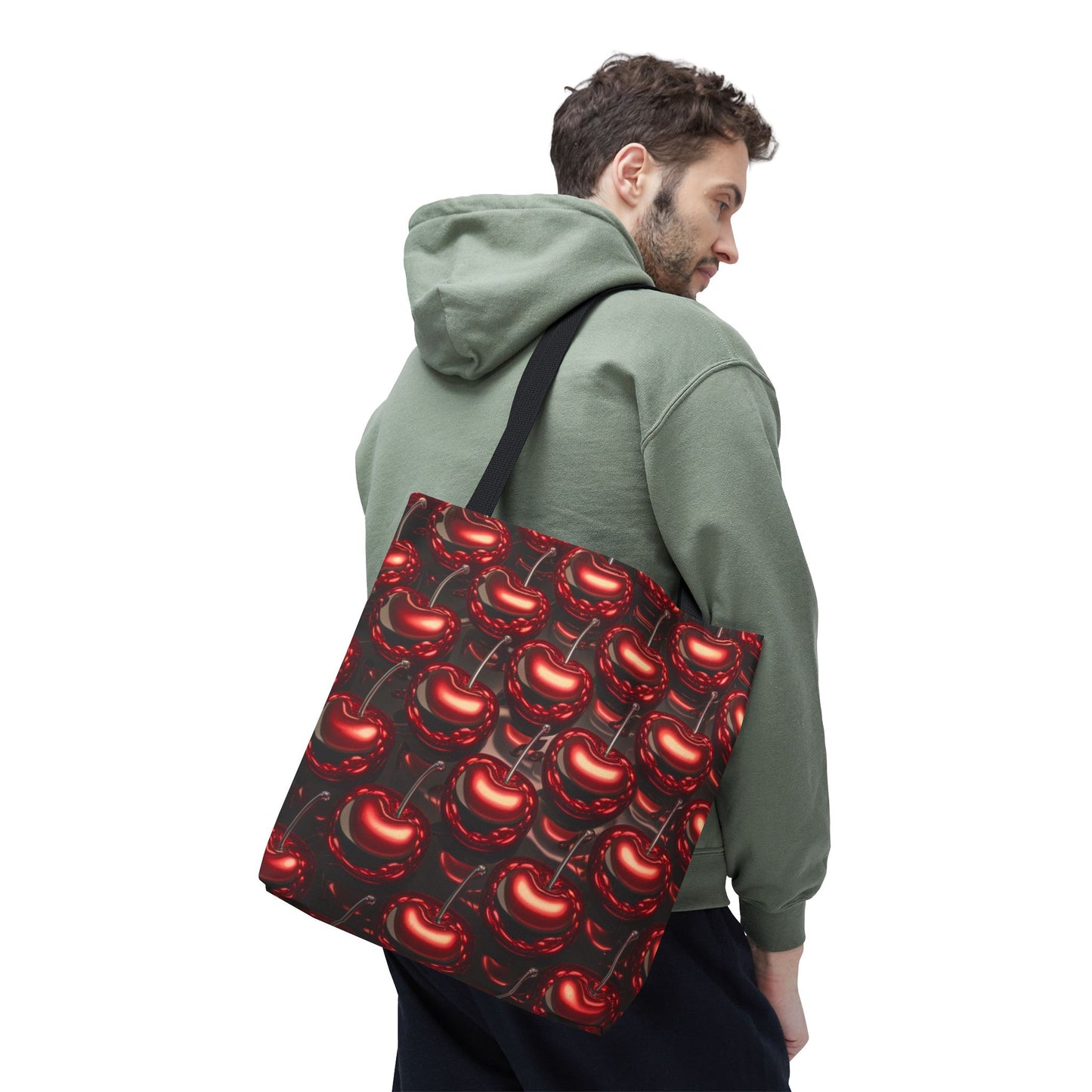 Glossy Cherry Pattern Canvas Tote Bag – Retro Black & Red Cherry Print, Coquette Cottagecore Aesthetic Shopper Tote, Fruit Lover Gift