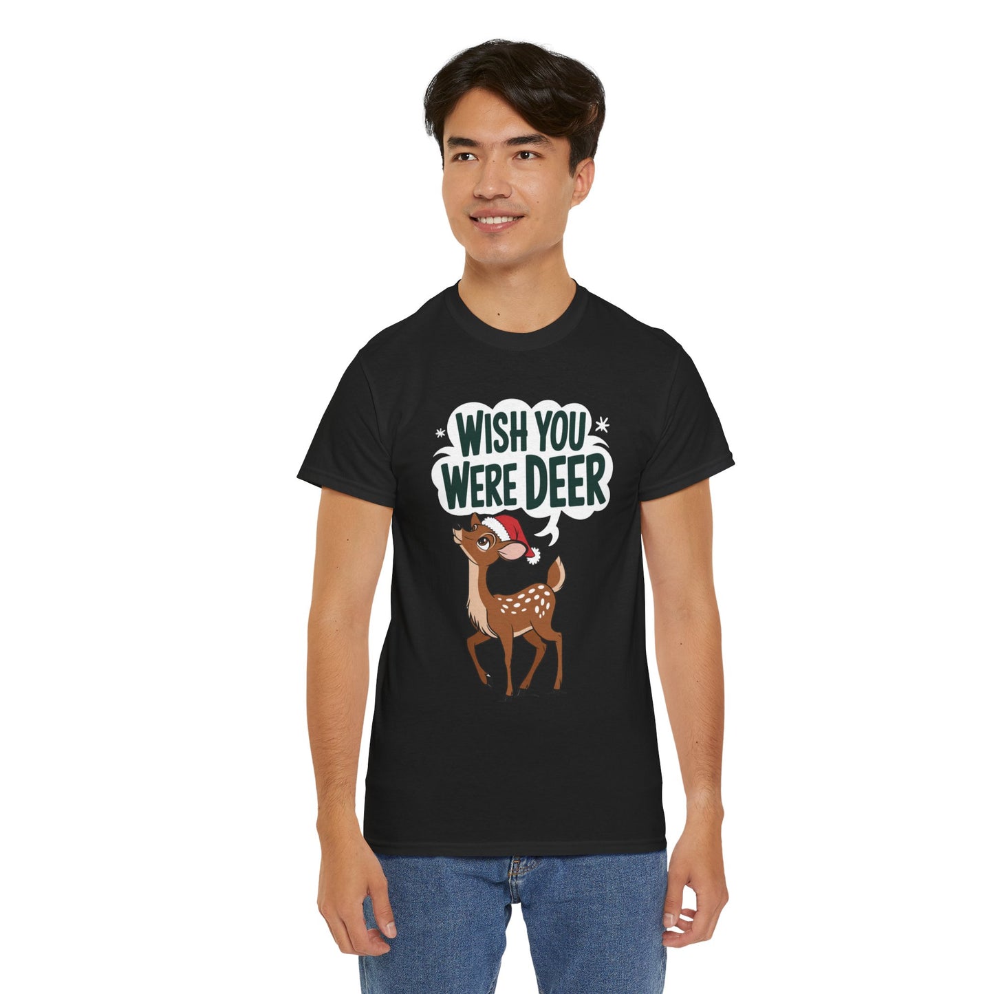 Wish You Were Deer Funny Christmas T-Shirt, Cute Reindeer Holiday Tee, Pun Christmas Shirt, Festive Santa Hat Deer Graphic Tee Gift