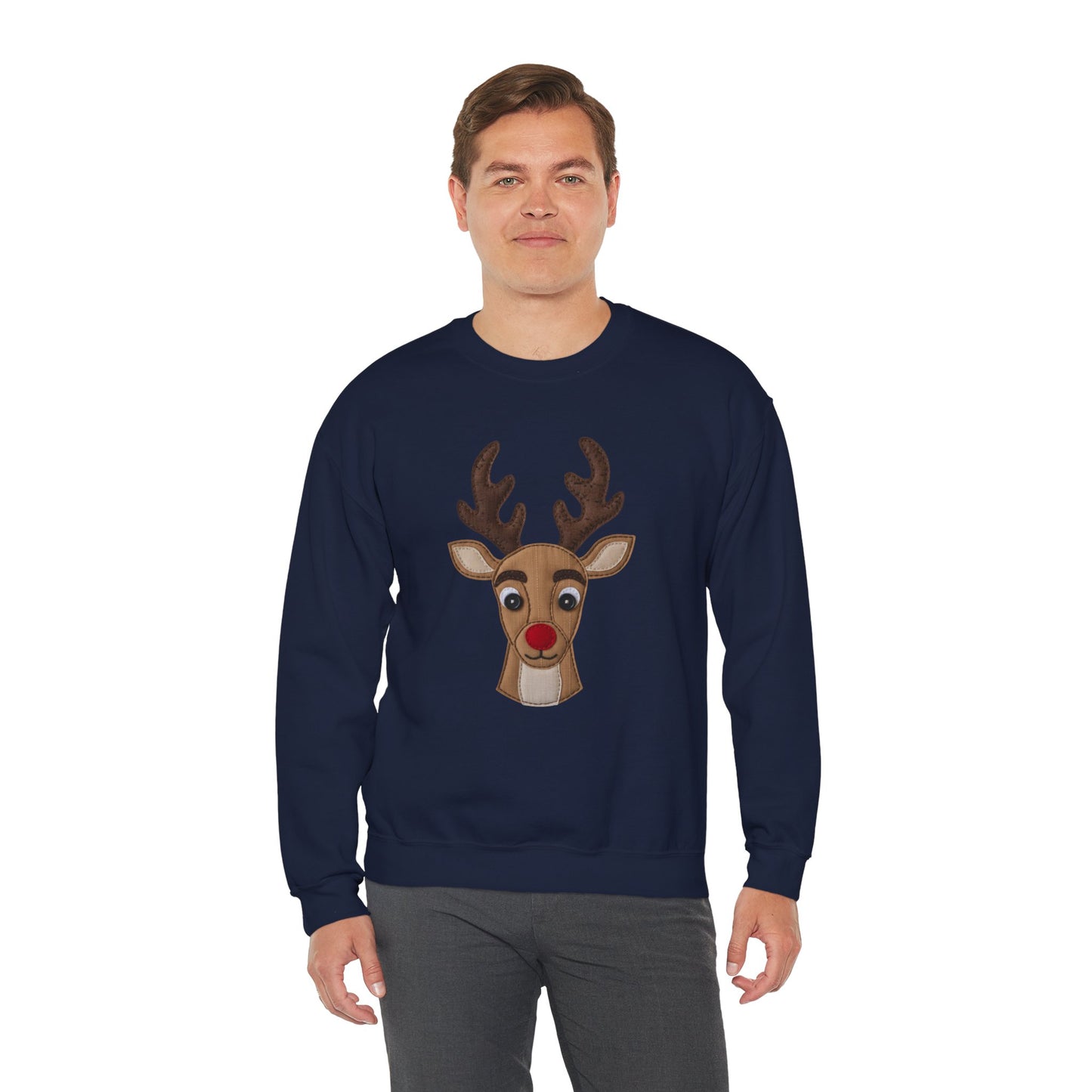 Faux Patchwork Rudolph Sweatshirt, Cute Reindeer Christmas Crewneck, Cozy Holiday Pullover, Winter Reindeer Sweater, Xmas Gift for Women