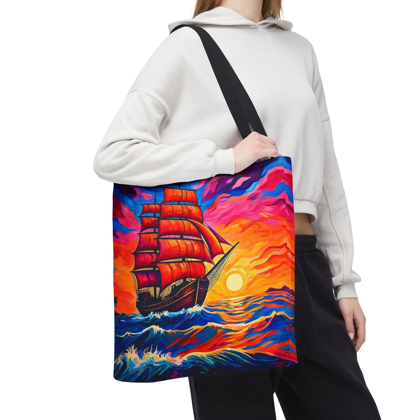 Crimson Voyage Tote Bag, Red Sailboat At Sunset Artistic Ocean Design, Nautical Reusable Tote For Beach, Travel, And Everyday Use
