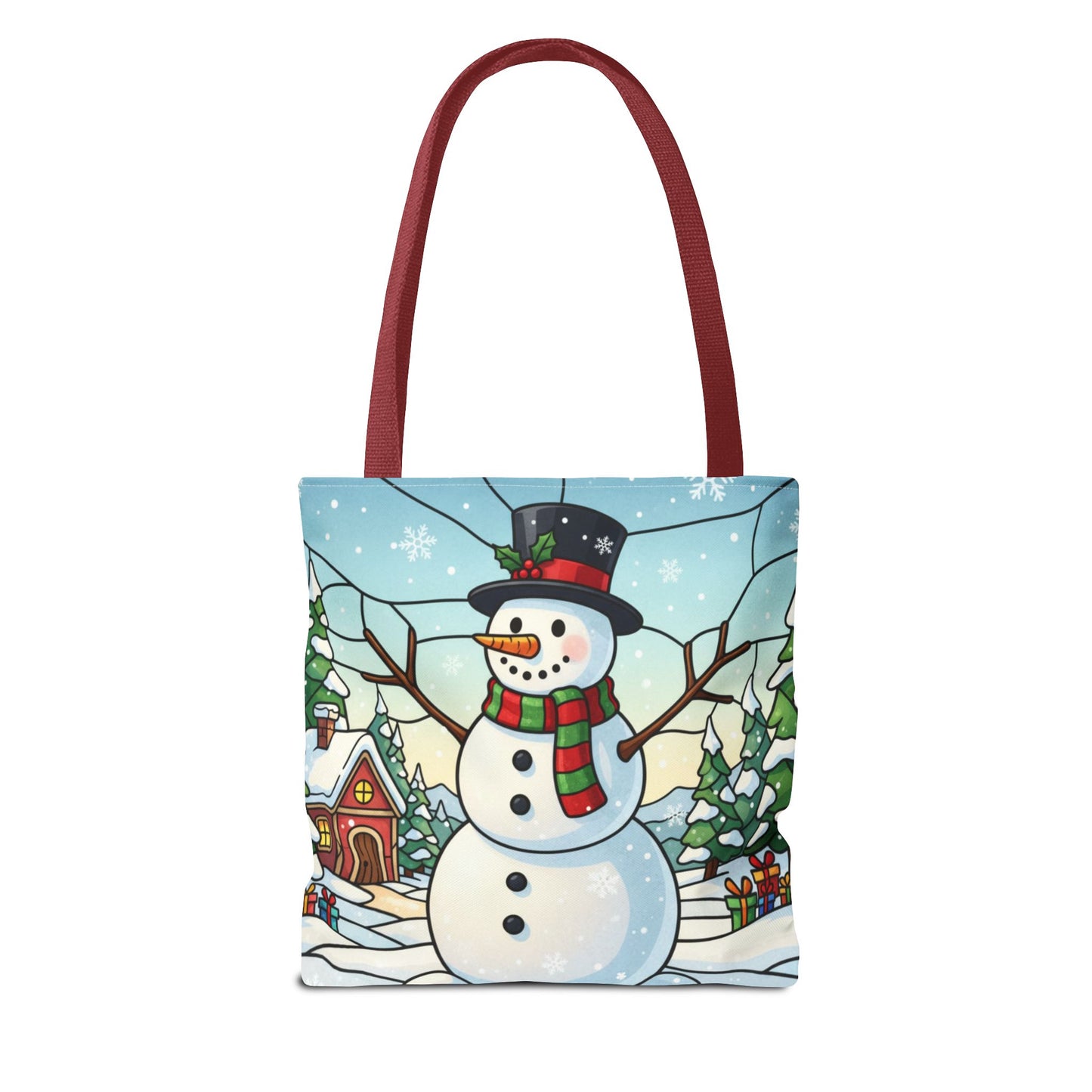 Stained Glass Snowman Christmas Tote Bag, Holiday Art Tote, Festive Winter Gift Bag, Colorful Christmas Scene Reusable Shopping Bag