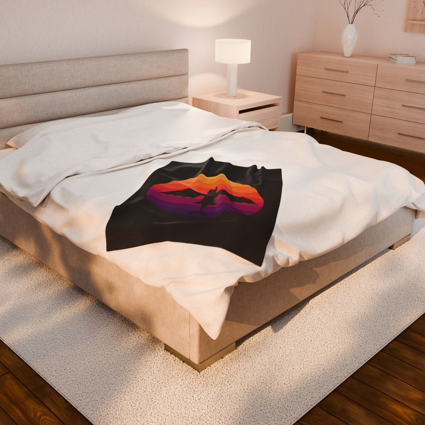 Dragon Sunset Blanket - Retro Dragon Fleece Throw - Fantasy Bedding Gift - Cool Gamer Blanket - Dragon Decor - Cozy Bed Cover for Fans