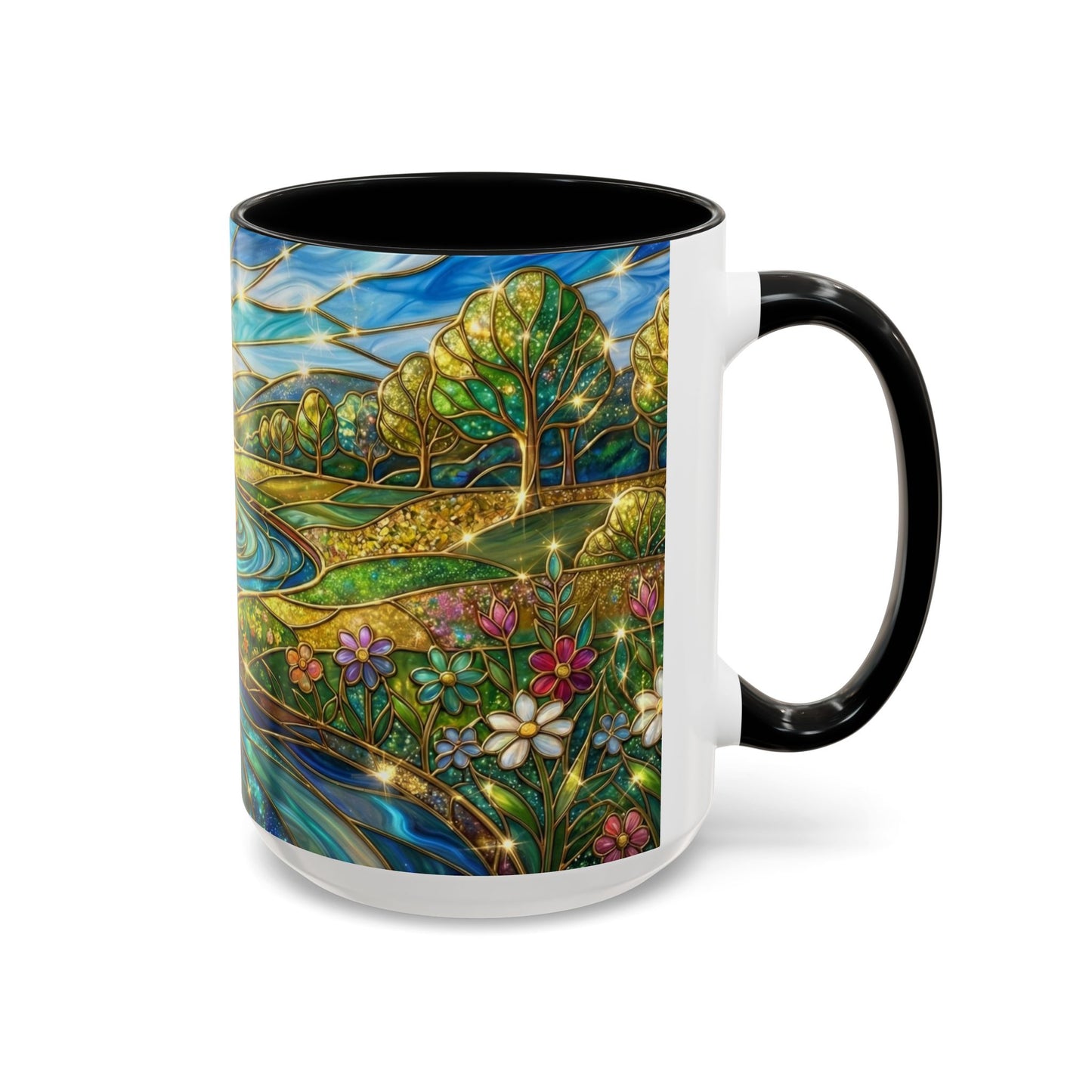 Stained Glass Mug, River Landscape Coffee Cup, Nature Lover Gift, Floral Tea Mug, Gardener Present, Art Teacher Gift, Colorful Scenery Cup