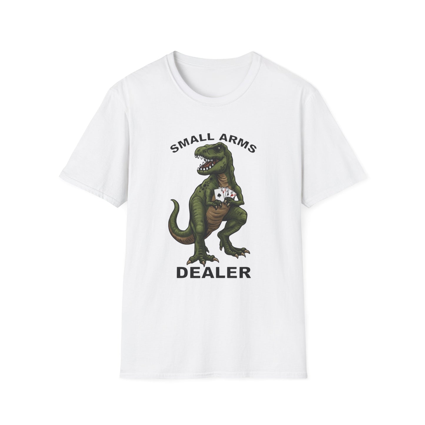 Funny Small Arms Dealer T-Rex Shirt, Dinosaur Pun Tee, Hilarious Graphic T-Shirt for Men & Women, Great Gift for Dad, Friend, or Coworker