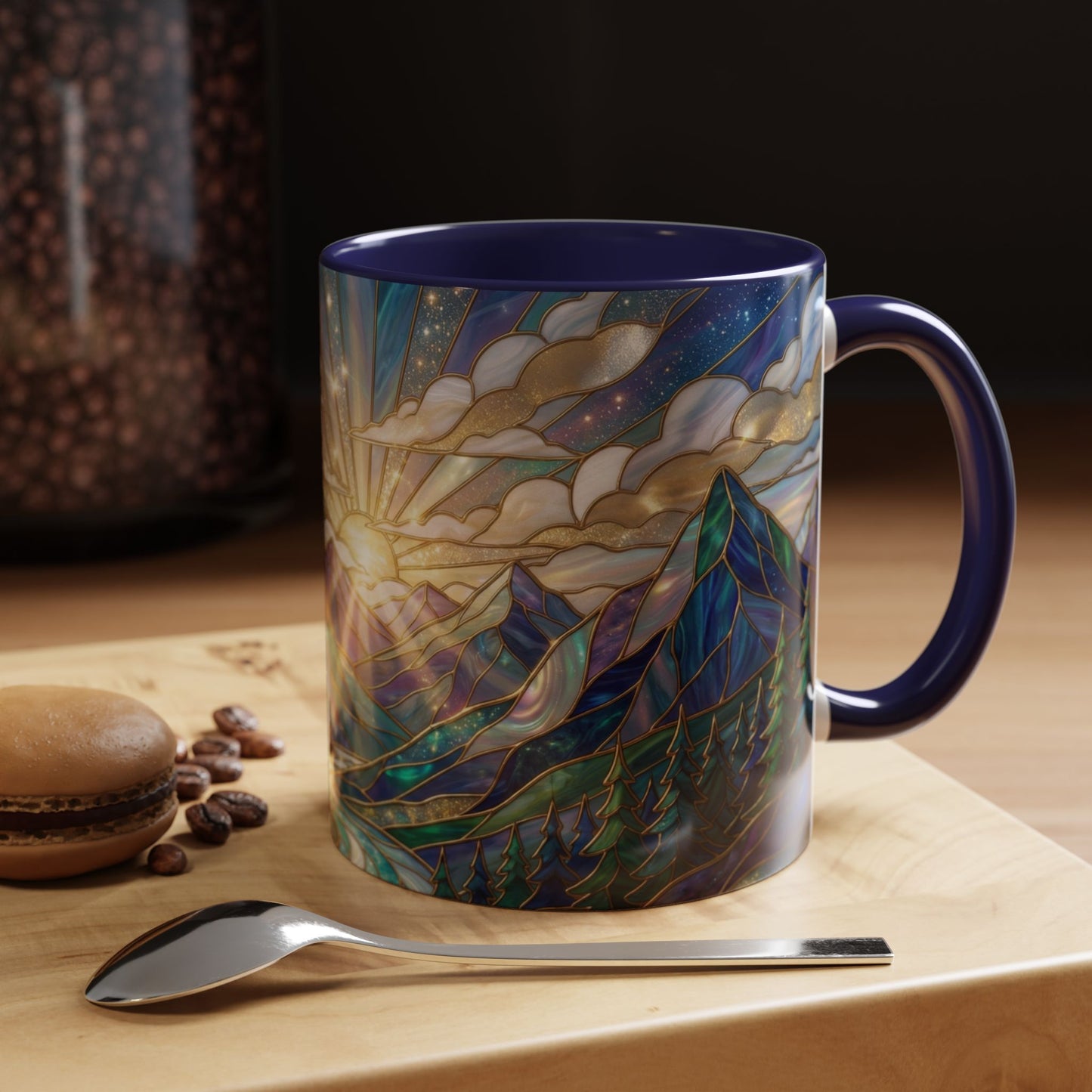 Mountain Art Mug, Scenic Mountain Coffee Cup, Nature Lover Ceramic Mug, Stained Glass Style Landscape, 11oz 15oz Gift, Outdoor Hiking Mug, Unique Coffee Tea Cup