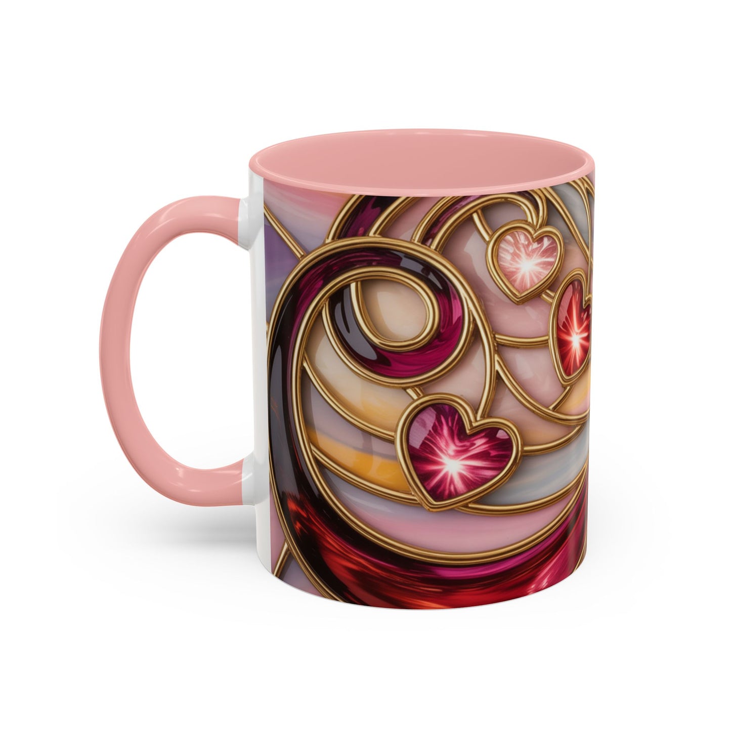 Stained Glass Heart Mug, Romantic Love Coffee Cup, Pink Red Gold Glass Style Mug, Valentine Gift For Her, Anniversary Wedding Decor