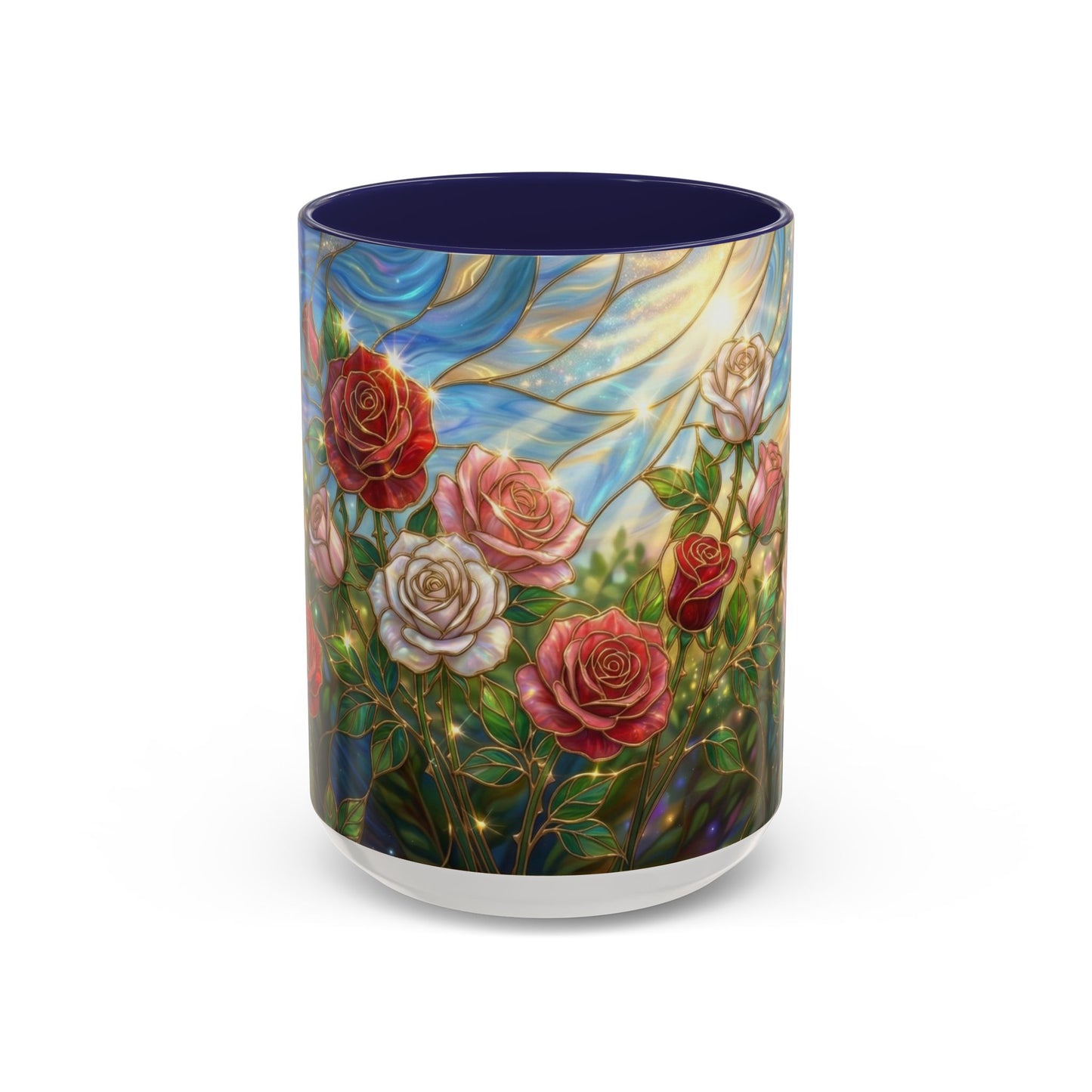 Stained Glass Rose Garden Mug, Floral Rose Coffee Cup, Elegant Flower Mug, Blue Green Gold Glass Style Design, Romantic Gift For Her