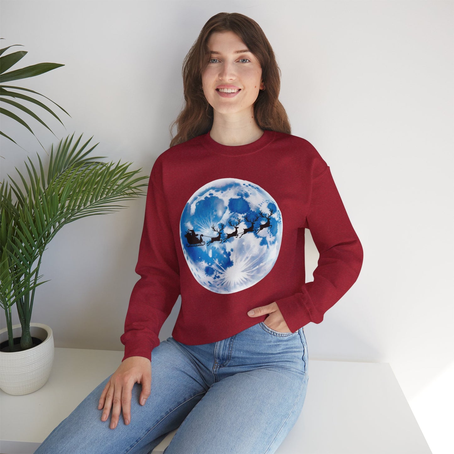 Santa And Reindeer Full Moon Christmas Sweatshirt, Holiday Night Sky Sweater, Cozy Unisex Crewneck, Festive Gift For Christmas Lovers