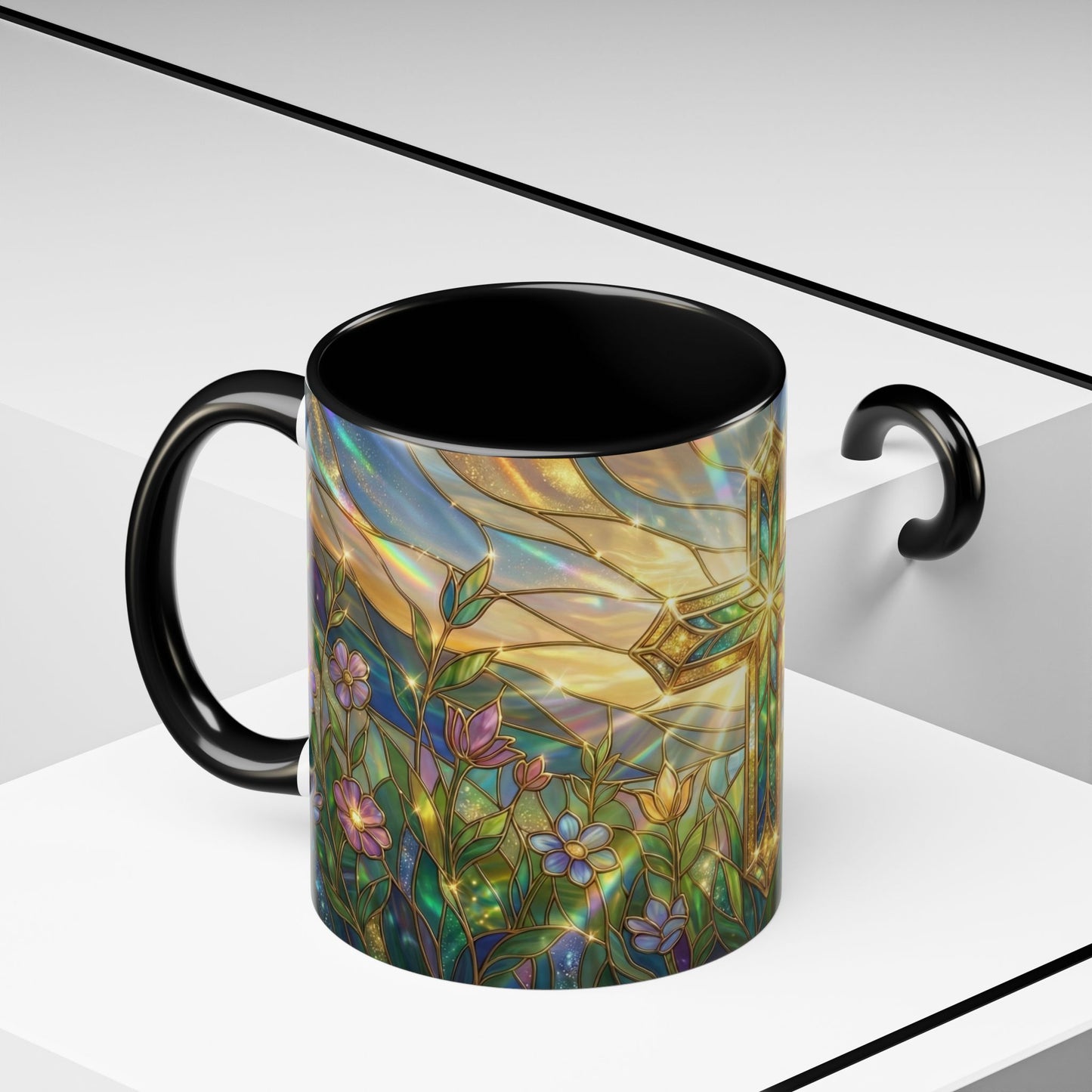 Stained Glass Cross Mug, Christian Coffee Cup With Floral Design, Faith Inspired Ceramic Mug, Religious Gift, 11oz 15oz