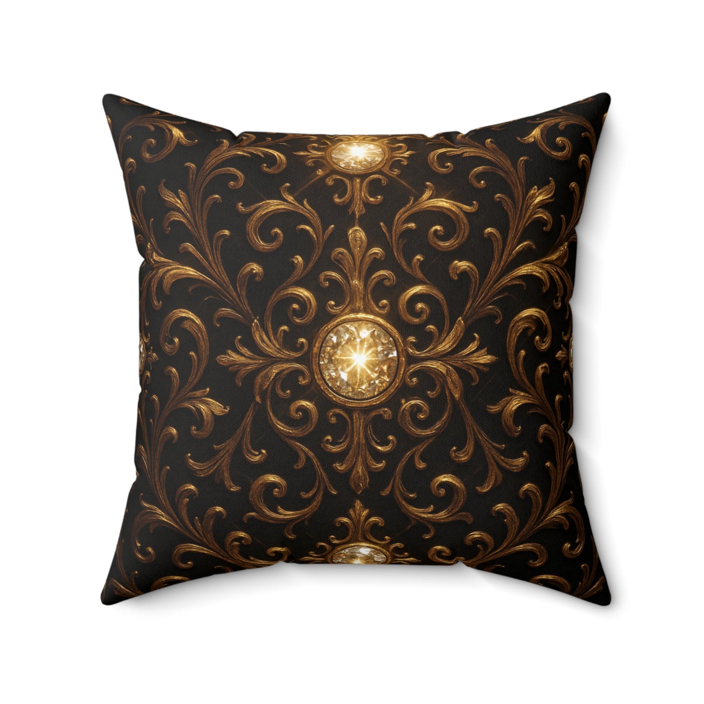 Baroque Gold Scroll Throw Pillow Black Luxury Cushion Cover with Ornate Jewel Design, Gothic Glam Home Decor, Elegant Accent Pillow