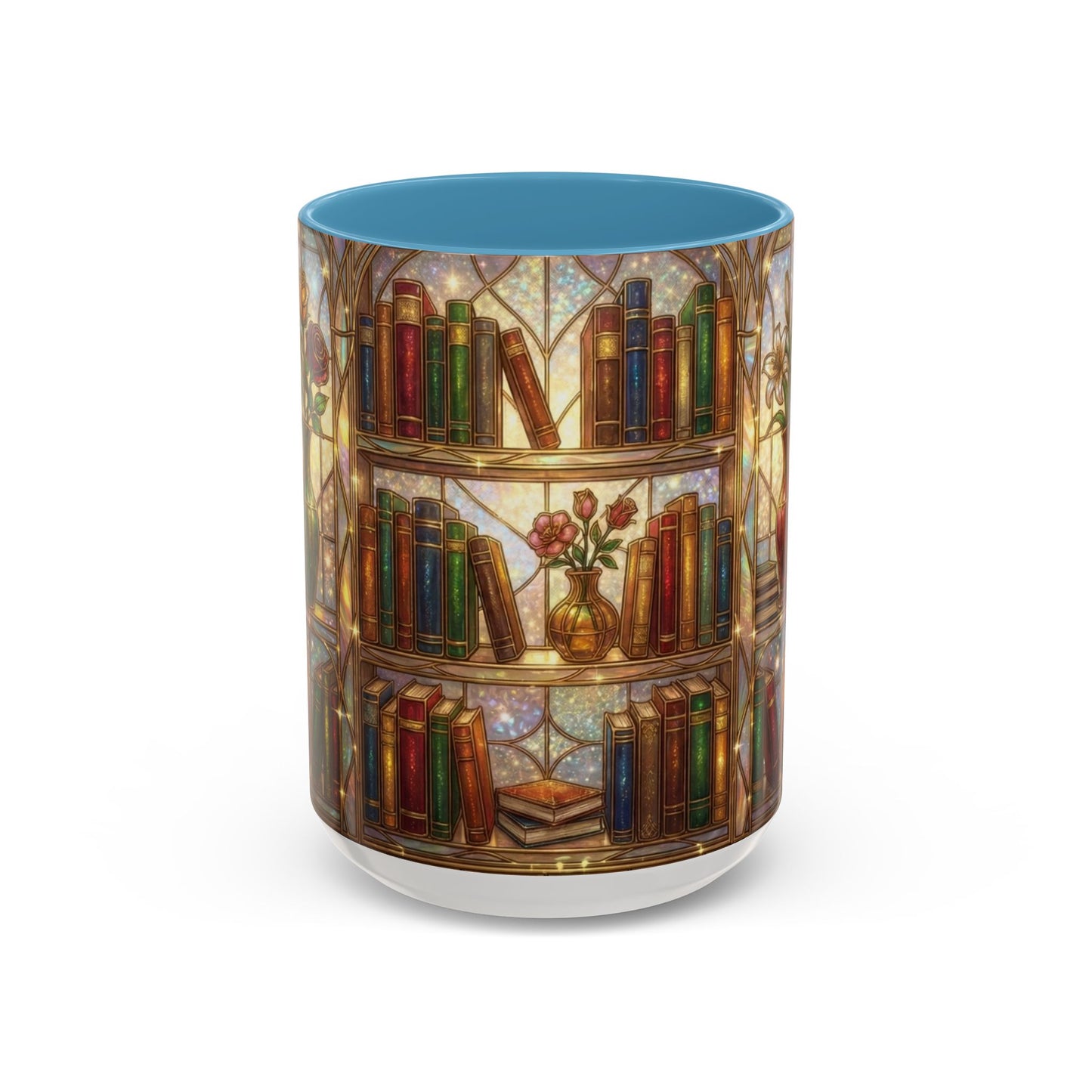 Stained Glass Books Mug, Book Lover Coffee Mug, Cozy Library Mug, Bookish Gift For Readers, Dark Academia Mug, Floral Bookshelf Cup