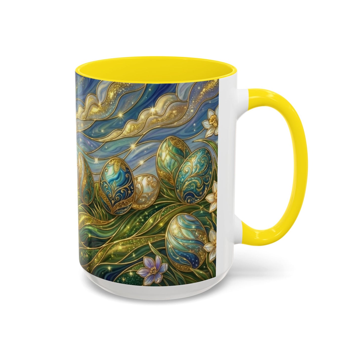 Stained Glass Easter Egg Mug, Magical Spring Floral Coffee Cup, Art Nouveau Fantasy Teacup, Elegant Celestial Starry Sky Mug Gift Idea