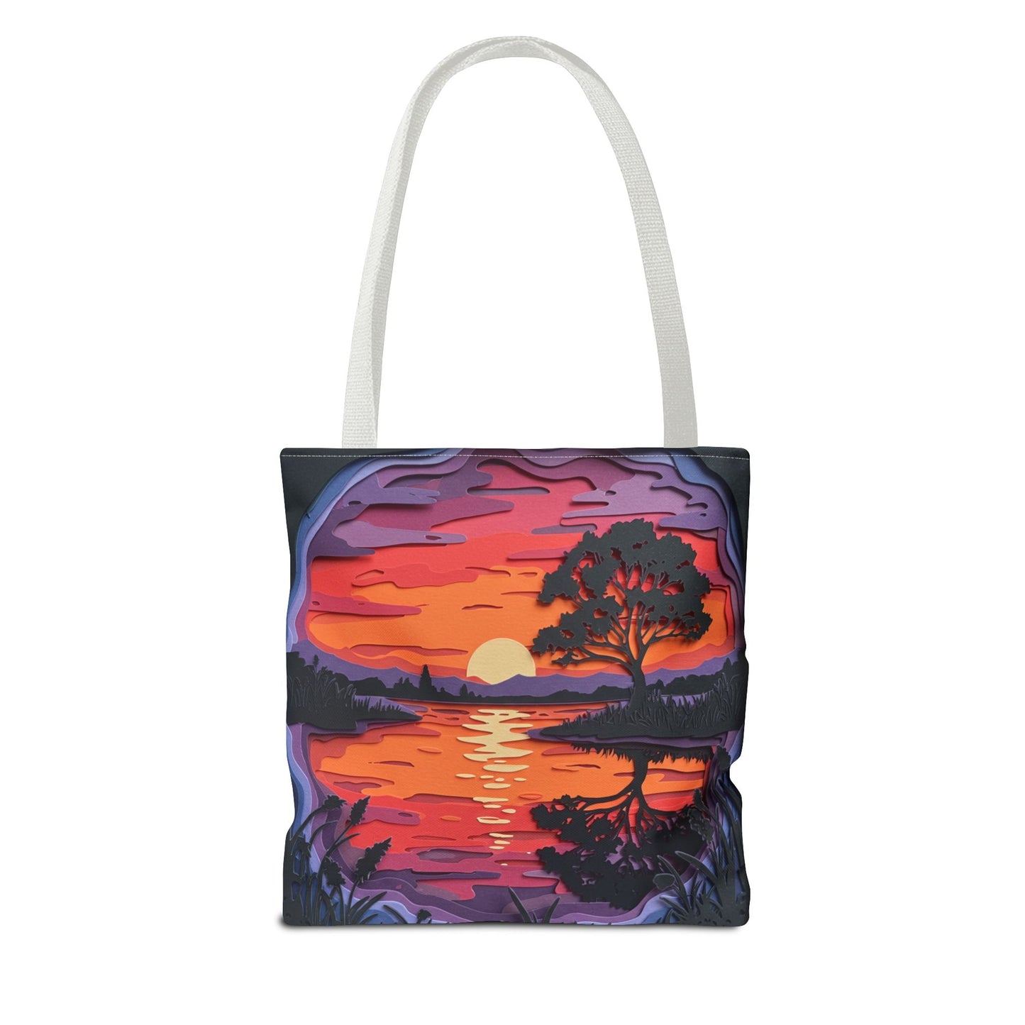 Sunset Landscape Canvas Tote Bag – Paper‑Art Inspired Nature Scene Tote – Colorful Sunset Market Tote, Eco Reusable Beach Bag, Vibrant Gift for Her
