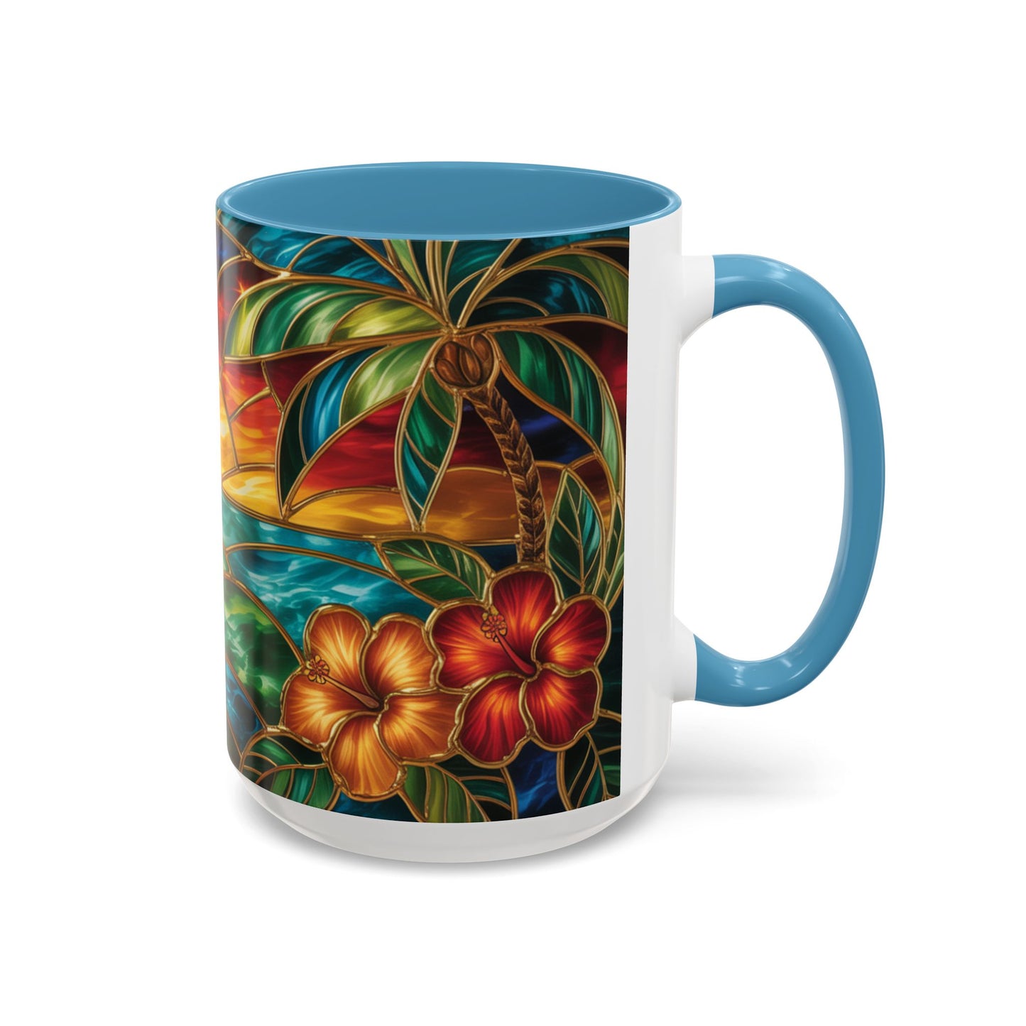 Stained Glass Tropical Sunset Mug, Hibiscus Flower Coffee Cup, Beach Lover Gift, Colorful Palm Tree Mug, Coastal Art Drinkware, Summer Cup