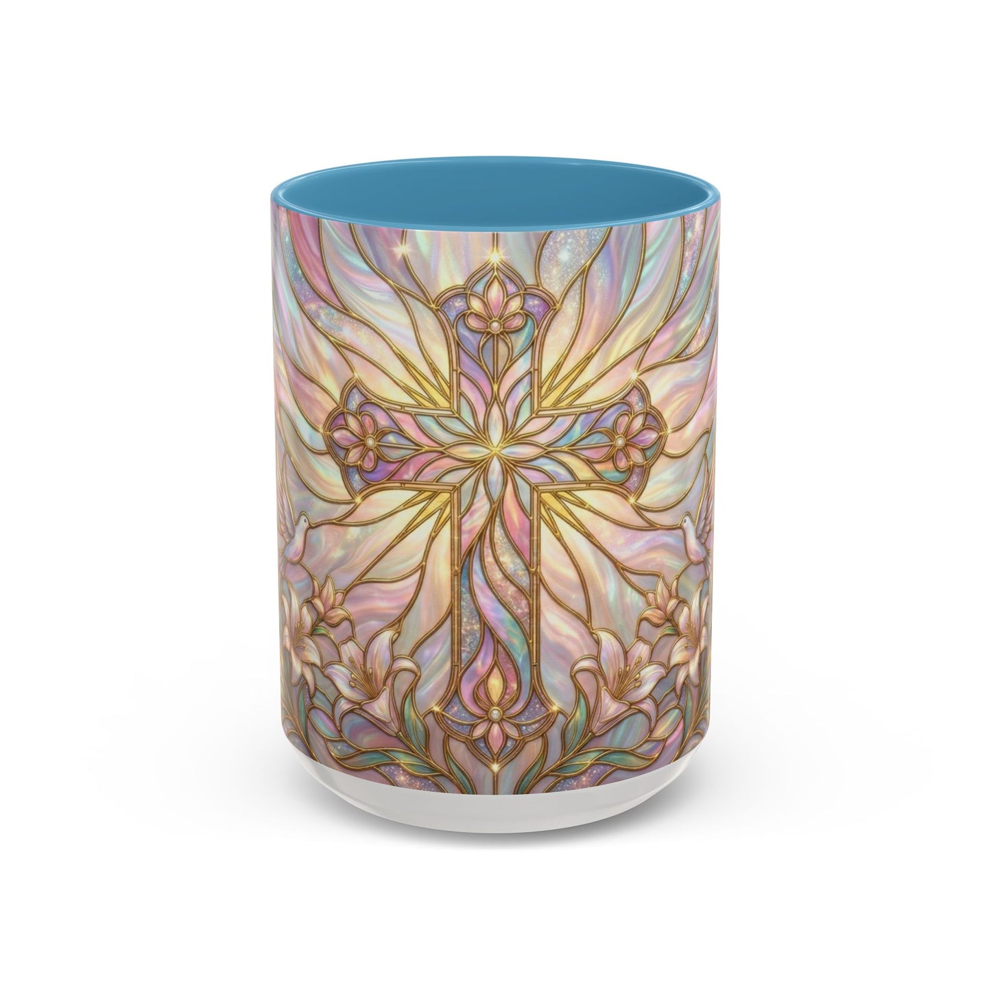 Stained Glass Cross Mug, Easter Lily Coffee Cup, Christian Gift for Women, Pastel Religious Drinkware, Dove and Faith Cup, Spiritual