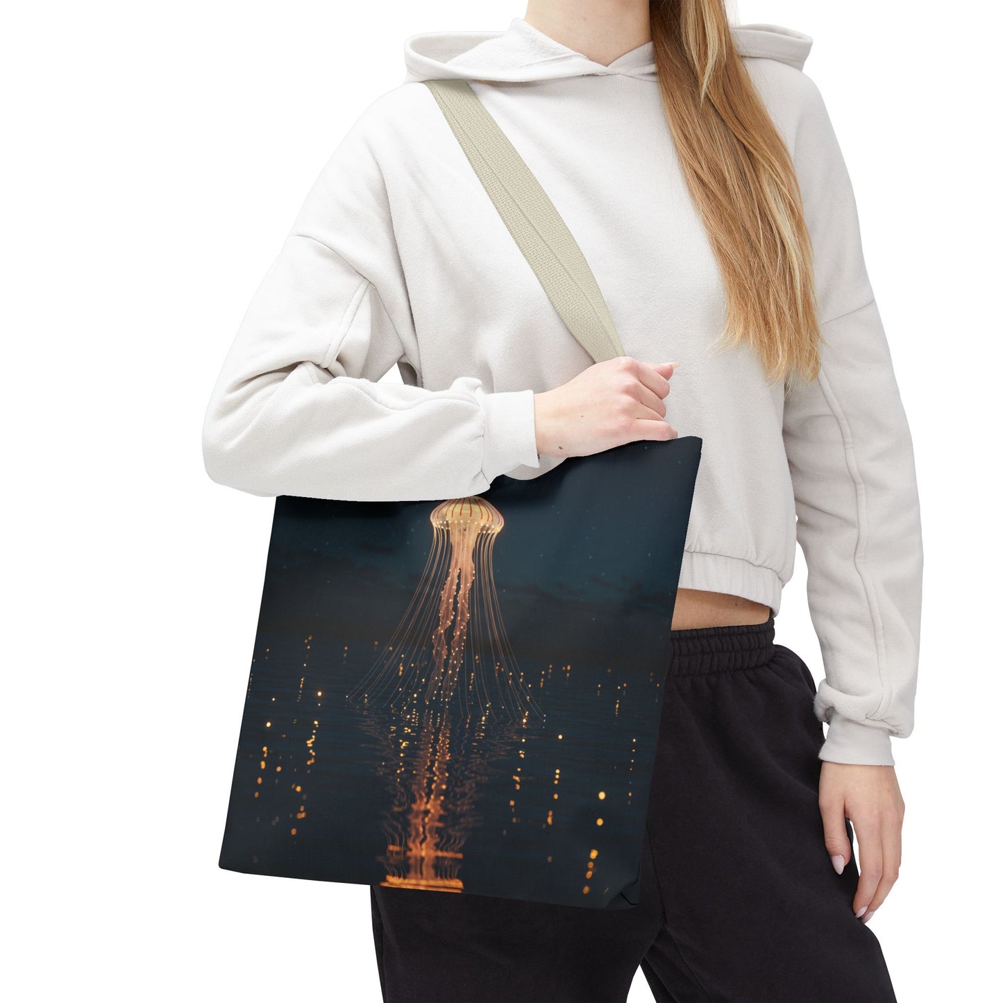 Luminous Jellyfish Tote Bag, Glow-Inspired Ocean Design Shoulder Bag, Durable Polyester Tote For Everyday Style, Gifts, And Coastal Fashion