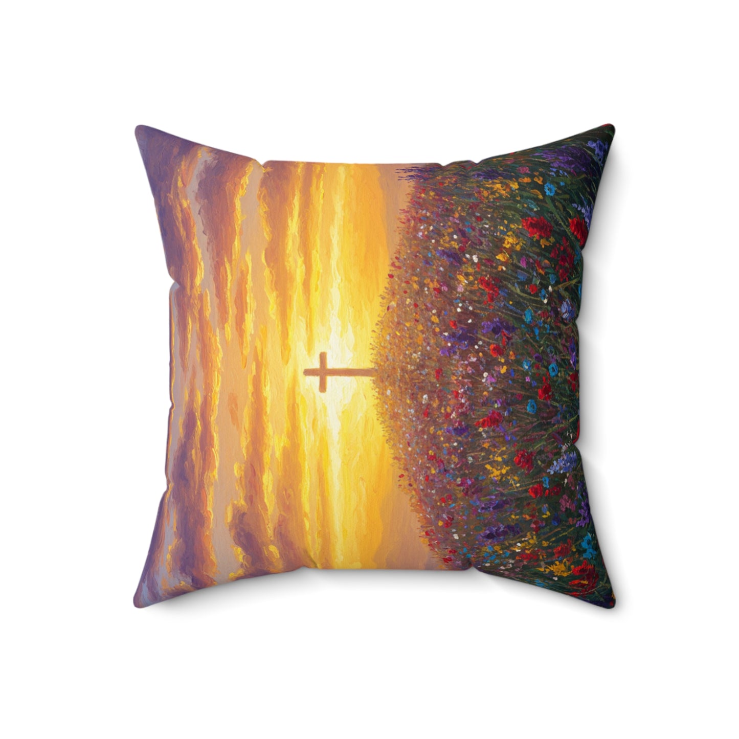 Square Pillow - Monet Style Cross on Hill Painting Christian Pillow Religious Decor Faith Based Throw Gift for Believers