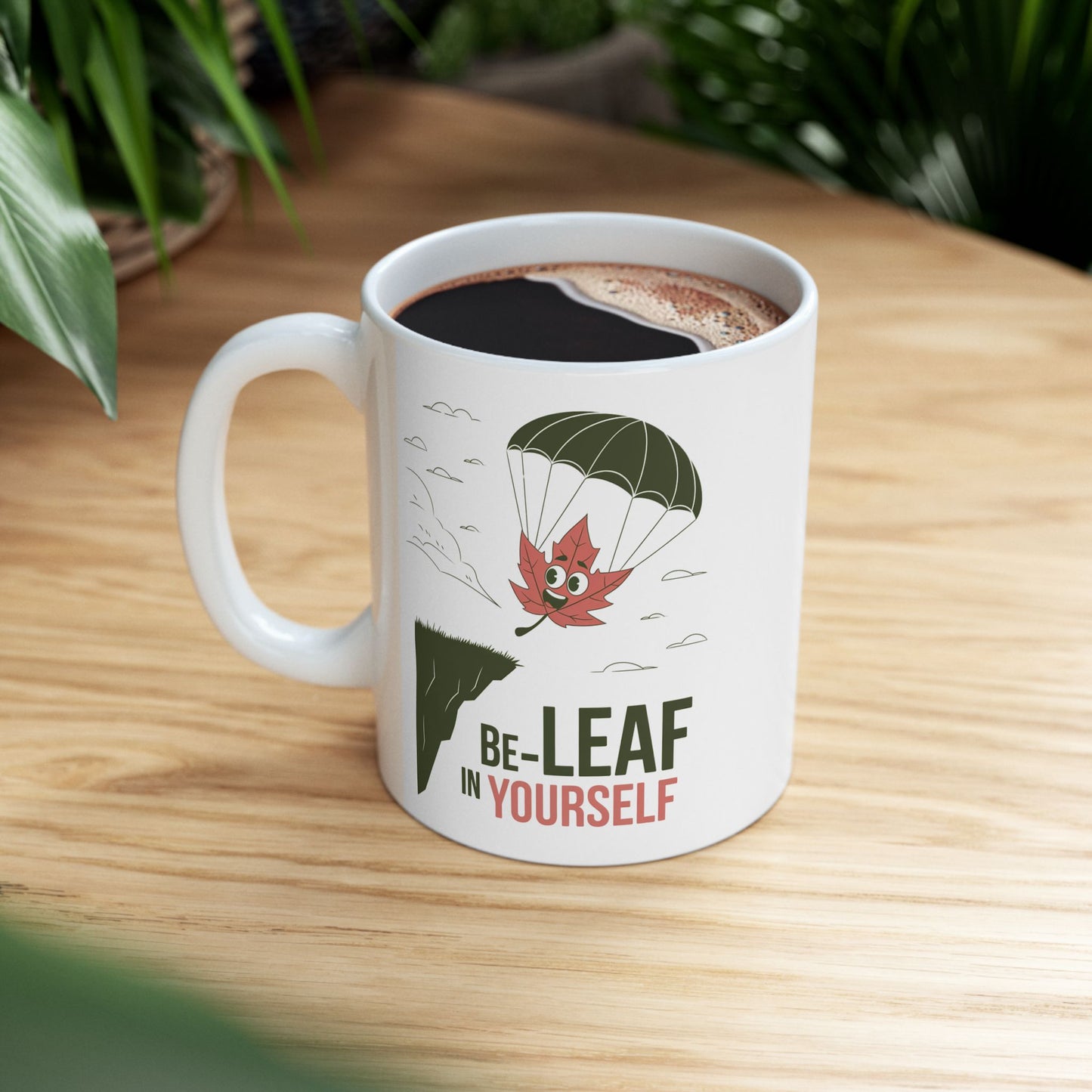 Be-Leaf In Yourself Mug – Motivational Leaf Parachute Design on Ceramic Coffee Cup, Positive Affirmation Gift for Fall Lovers & Nature Enthusiasts