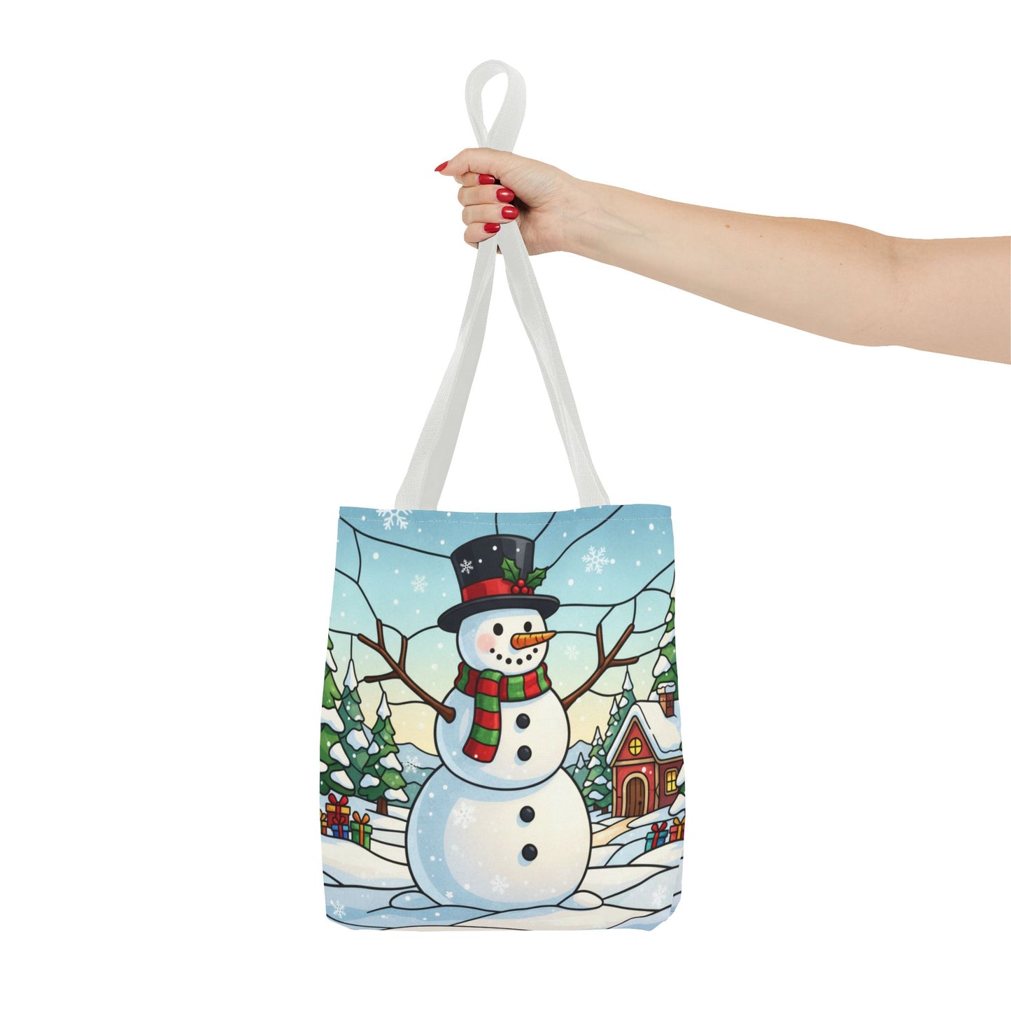 Stained Glass Snowman Christmas Tote Bag, Holiday Art Tote, Festive Winter Gift Bag, Colorful Christmas Scene Reusable Shopping Bag
