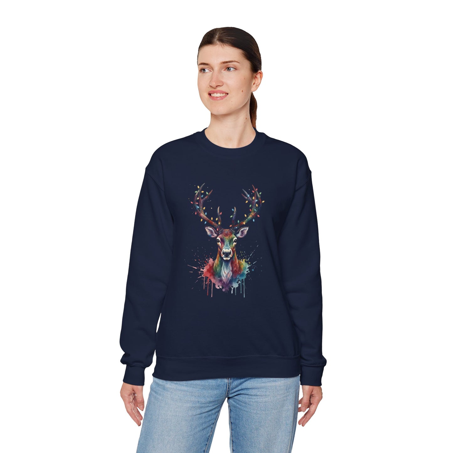 Colorful Reindeer Christmas Sweatshirt, Holiday Deer Lights Sweater, Watercolor Winter Crewneck, Festive Cozy Gift For Him Or Her