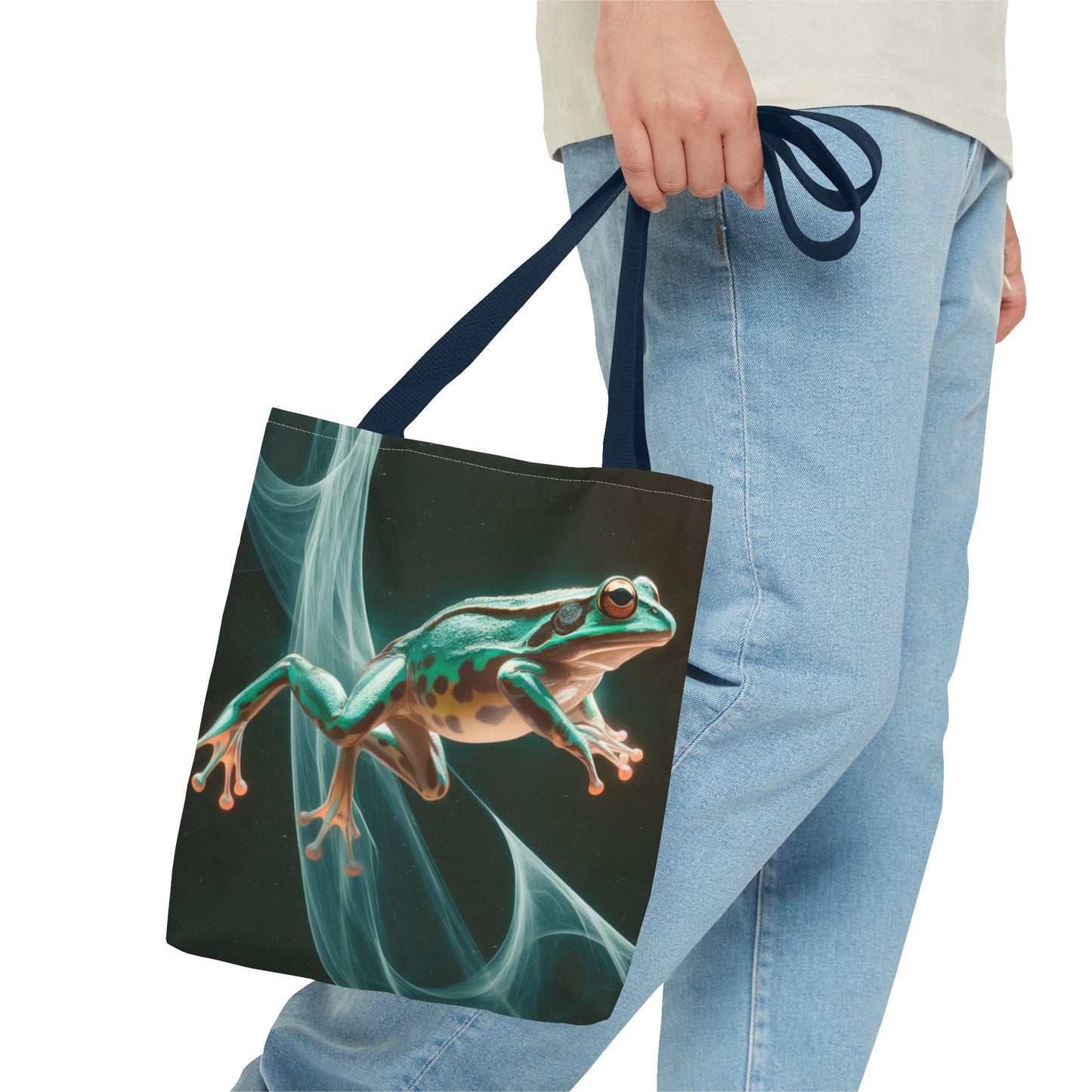 Frog in Motion Tote Bag, Nature-Inspired Green Frog Design Eco-Friendly Shoulder Bag, Artistic Reusable Tote For Everyday Use And Gifts