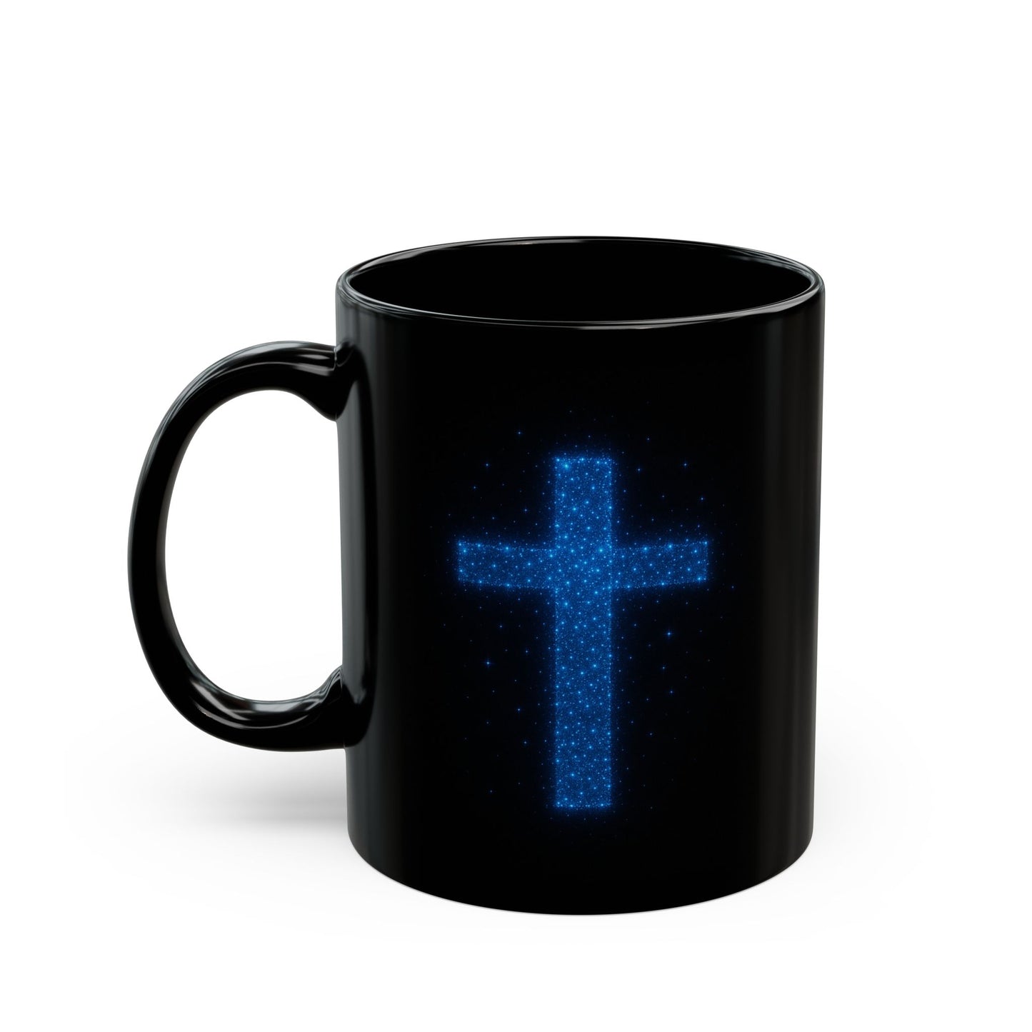 Celestial Cross Mug – Blue Starry Christian Coffee Cup – Faith Based Black Ceramic Mug with Cosmic Cross Design | Religious Gift Idea