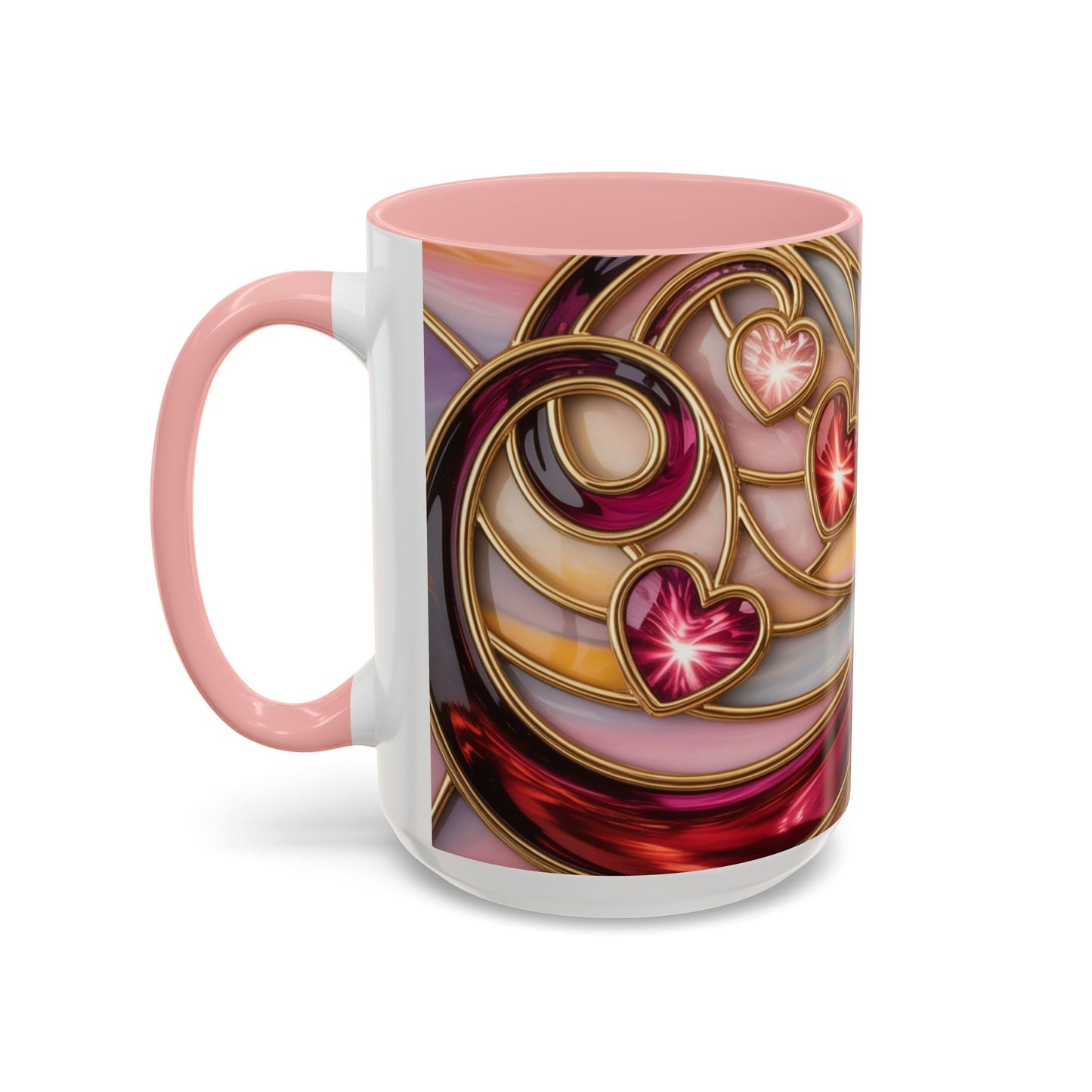 Stained Glass Heart Mug, Romantic Love Coffee Cup, Pink Red Gold Glass Style Mug, Valentine Gift For Her, Anniversary Wedding Decor