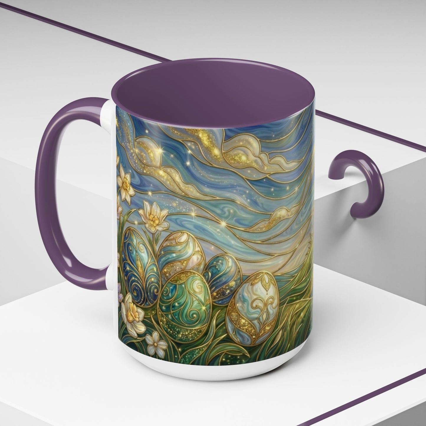 Stained Glass Easter Egg Mug, Magical Spring Floral Coffee Cup, Art Nouveau Fantasy Teacup, Elegant Celestial Starry Sky Mug Gift Idea