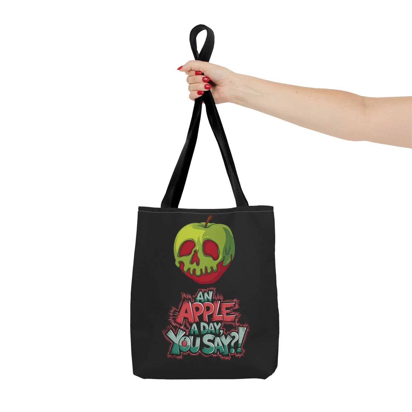 Spooky Halloween Tote Bag – Poison Apple Design – Funny Gothic Tote – Trick or Treat Bag – Creepy Apple Pun Gift – Black Tote Bag