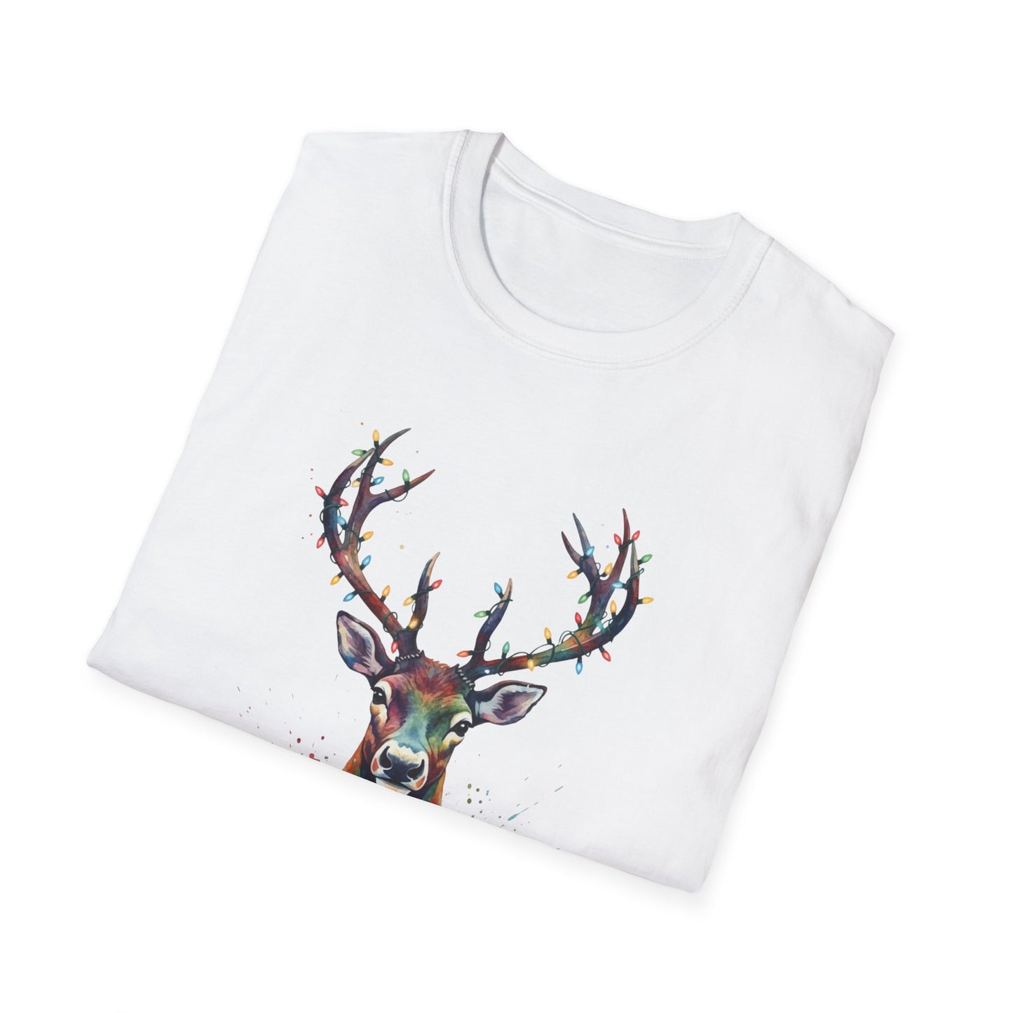Christmas Deer Shirt, Watercolor Buck T-Shirt, Deer With Christmas Lights Tee, Holiday Wildlife Art Shirt, Colorful Deer Head Xmas Tee