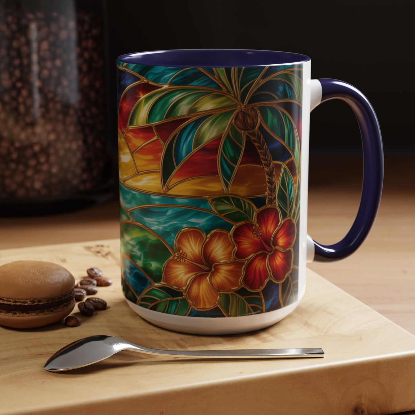 Stained Glass Tropical Sunset Mug, Hibiscus Flower Coffee Cup, Beach Lover Gift, Colorful Palm Tree Mug, Coastal Art Drinkware, Summer Cup