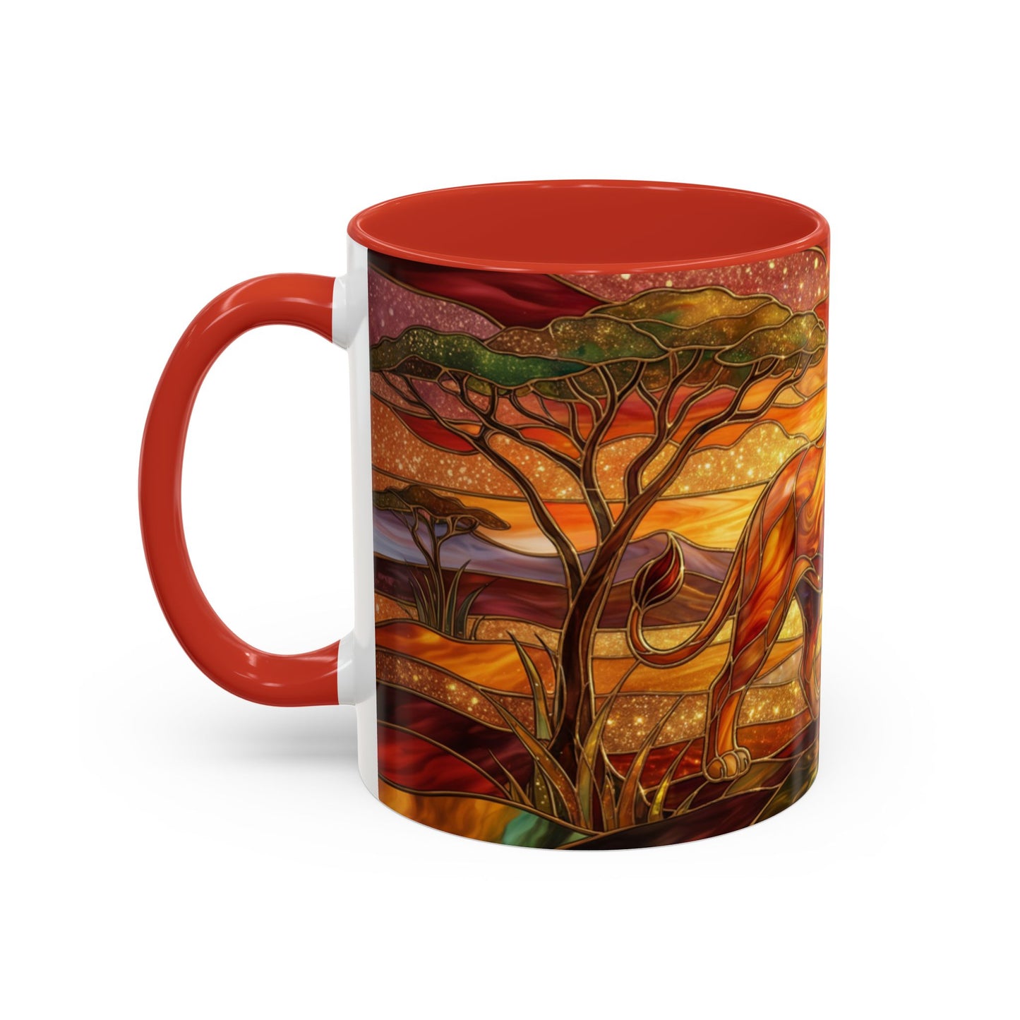 Stained Glass Lion Mug, Majestic Lion Coffee Cup, African Sunset Art Mug, Safari Wildlife Gift, Colorful Lion Lover Ceramic Mug