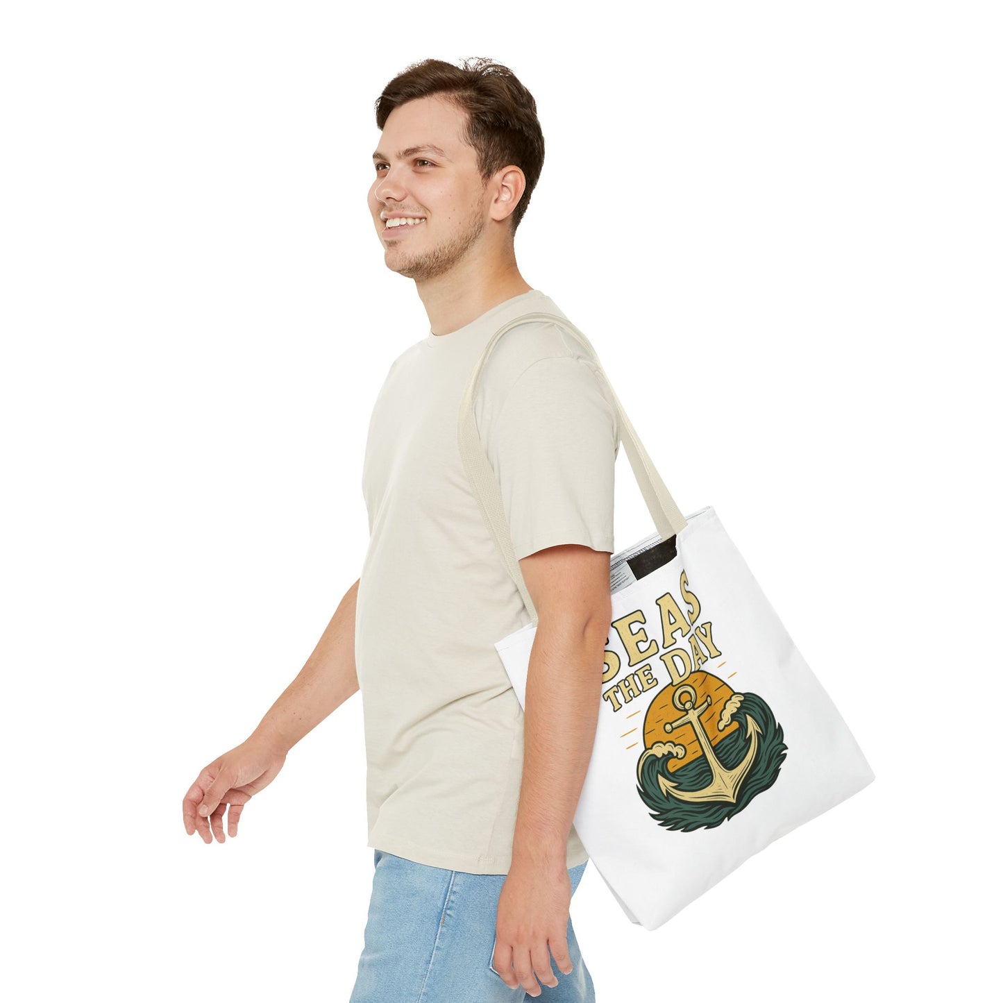 "Seas the Day" Nautical Tote Bag – Funny Beach Quote Canvas Bag with Anchor | Coastal Gift Idea for Summer, Travel, or Daily Use