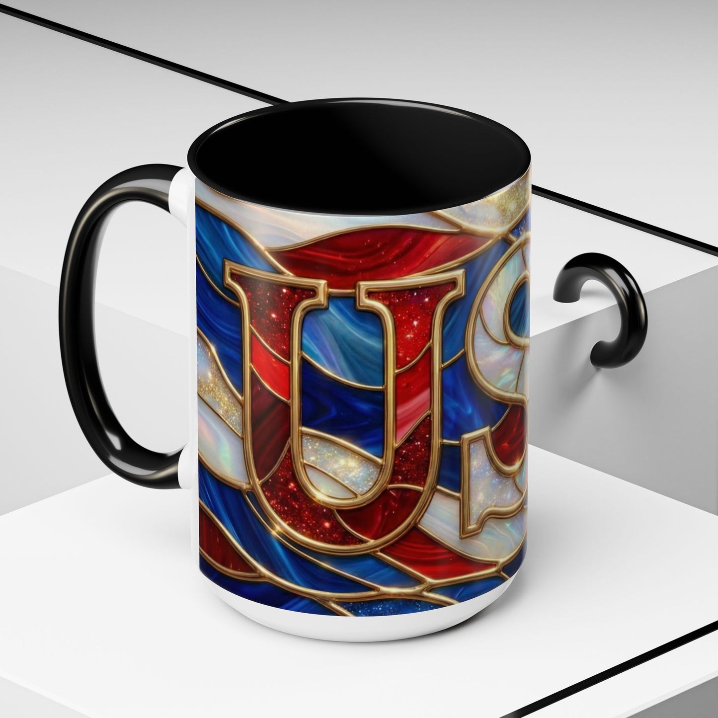 USA Patriotic Coffee Mug, Stained Glass USA Mug, Red White Blue Ceramic Mug, American Flag Style Mug, 11oz 15oz Mug