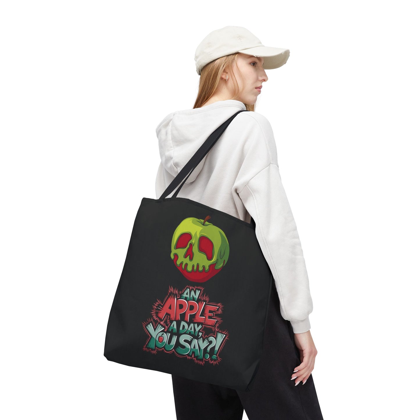Spooky Halloween Tote Bag – Poison Apple Design – Funny Gothic Tote – Trick or Treat Bag – Creepy Apple Pun Gift – Black Tote Bag