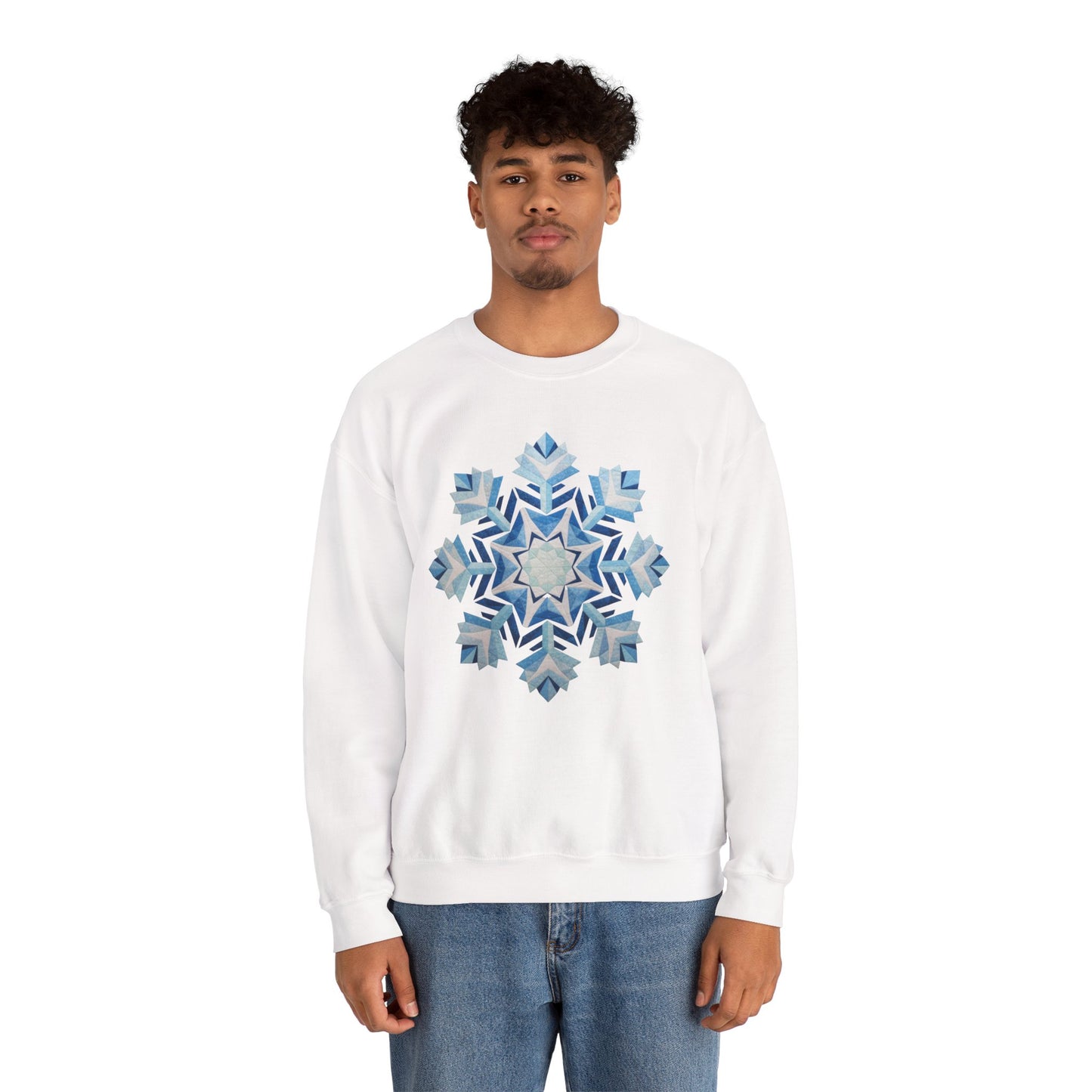Faux Patchwork Snowflake Sweatshirt, Winter Snowflake Crewneck Unisex, Cozy Holiday Patchwork Sweatshirt, Nordic Snowflake Winter Pullover