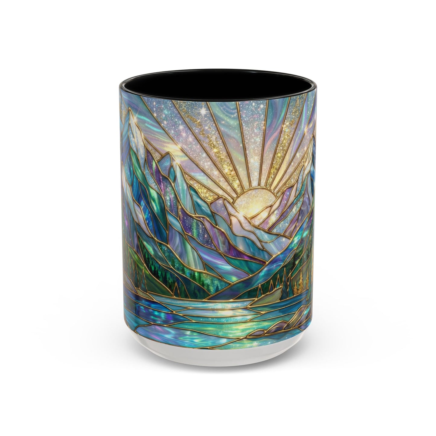 Stained Glass Mountain Mug, Mountain Landscape Coffee Cup, Galaxy Sky Nature Ceramic Mug, Sunrise River Forest Art, 11oz 15oz Gift