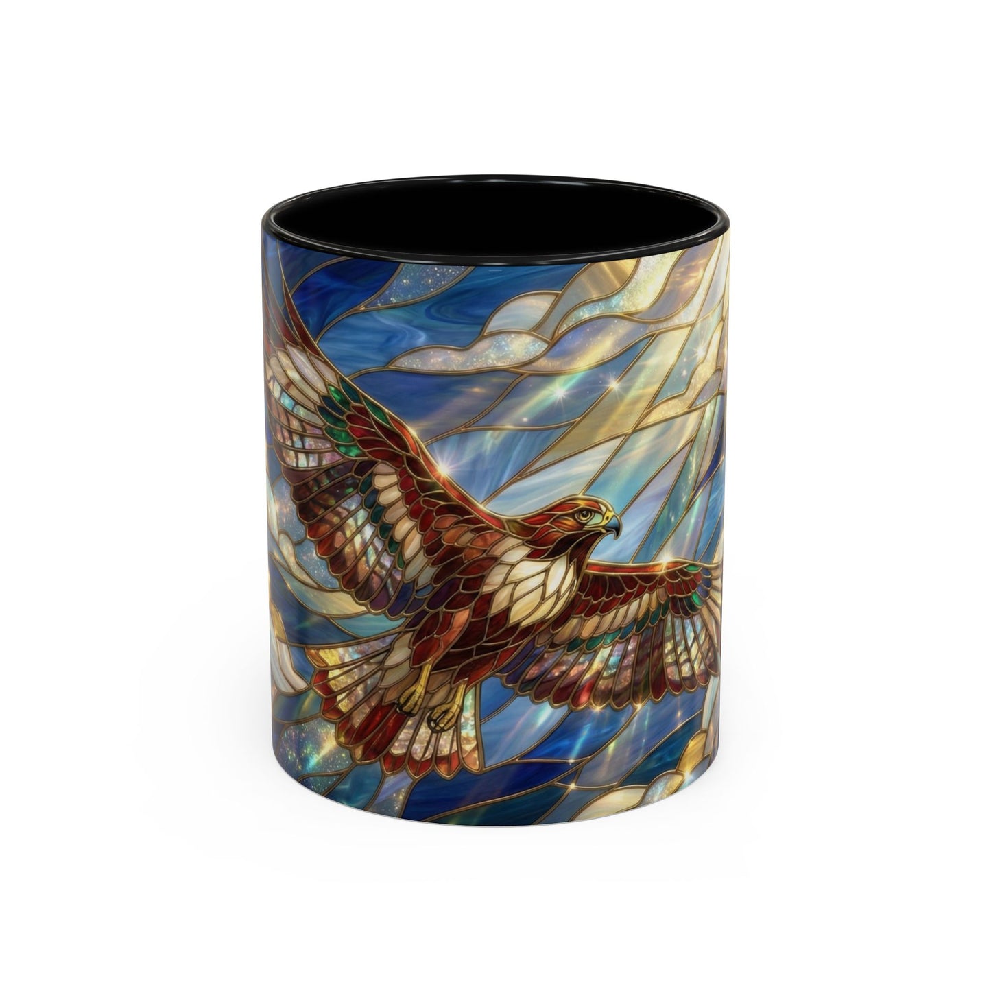 Stained Glass Hawk Mug, Soaring Bird Coffee Mug, Nature Art Hawk Cup, Bird Lover Gift, Stained Glass Style Animal Mug