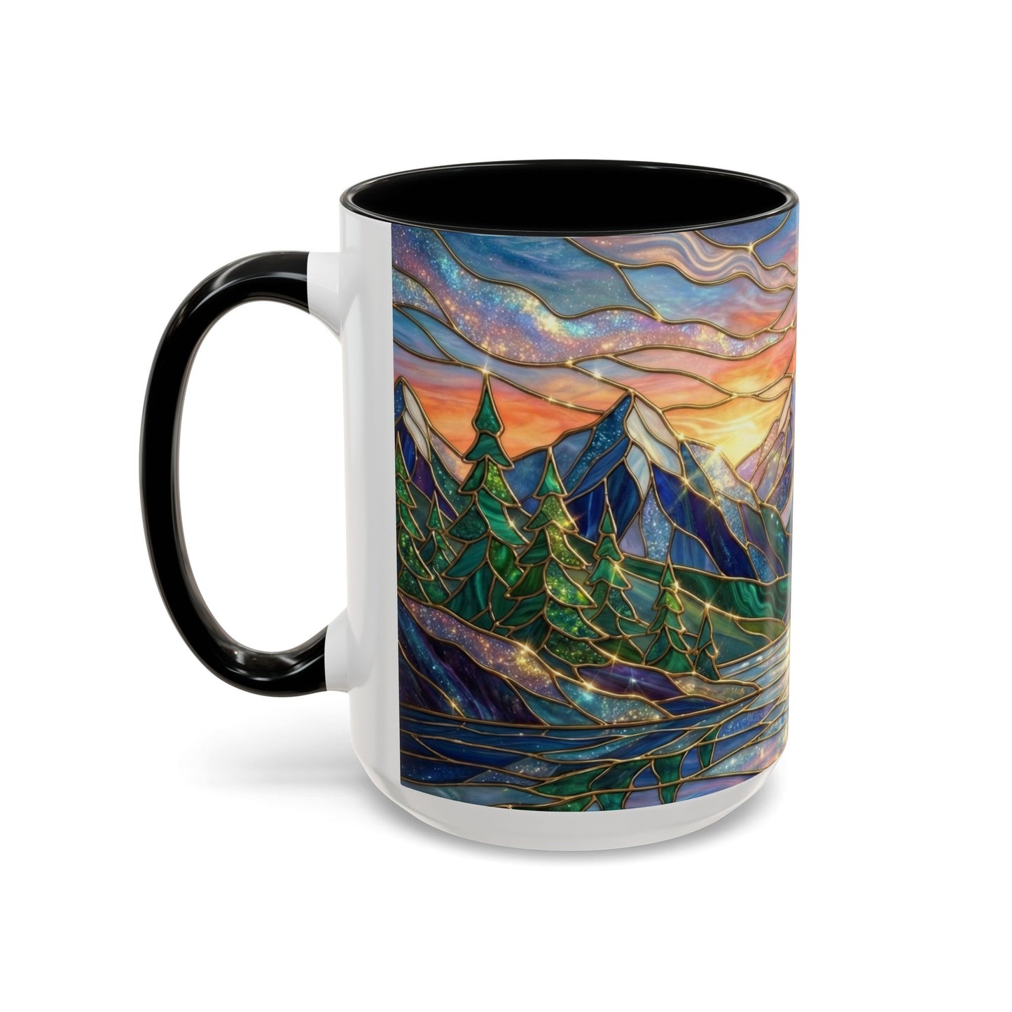 Stained Glass Mountain Mug, Sunset Mountain Landscape Coffee Cup, Nature Ceramic Mug With Forest And River, 11oz 15oz Gift