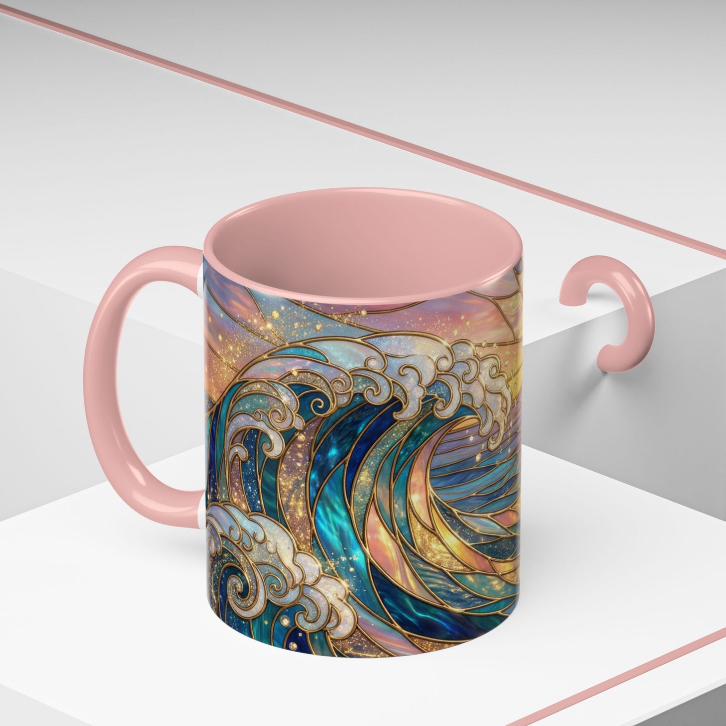 Stained Glass Ocean Wave Mug, Sunrise Beach Coffee Cup, Japanese Art Gift, Coastal Decor Kitchen, Mosaic Sea Tea Cup, Blue Gold Nature Lover