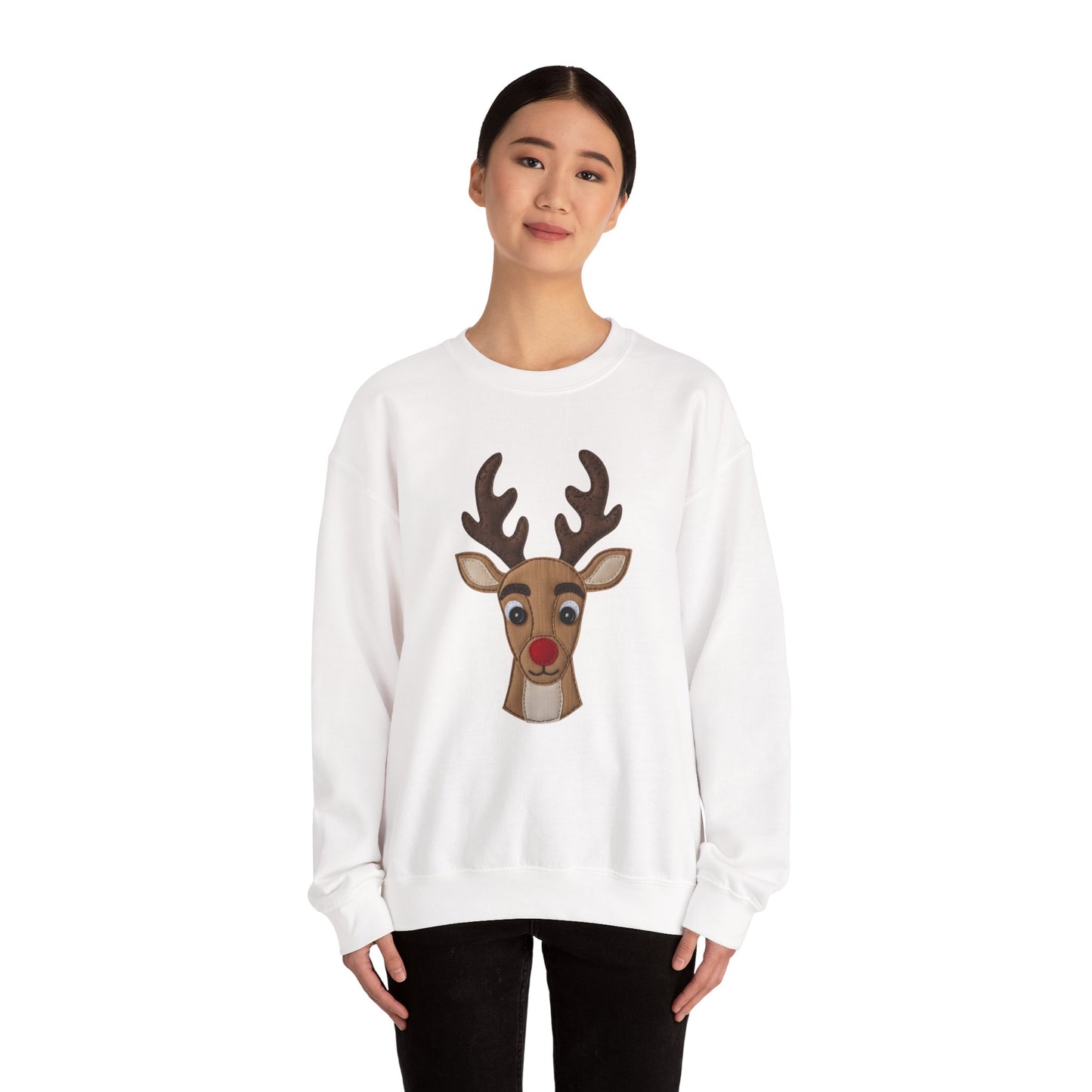 Faux Patchwork Rudolph Sweatshirt, Cute Reindeer Christmas Crewneck, Cozy Holiday Pullover, Winter Reindeer Sweater, Xmas Gift for Women