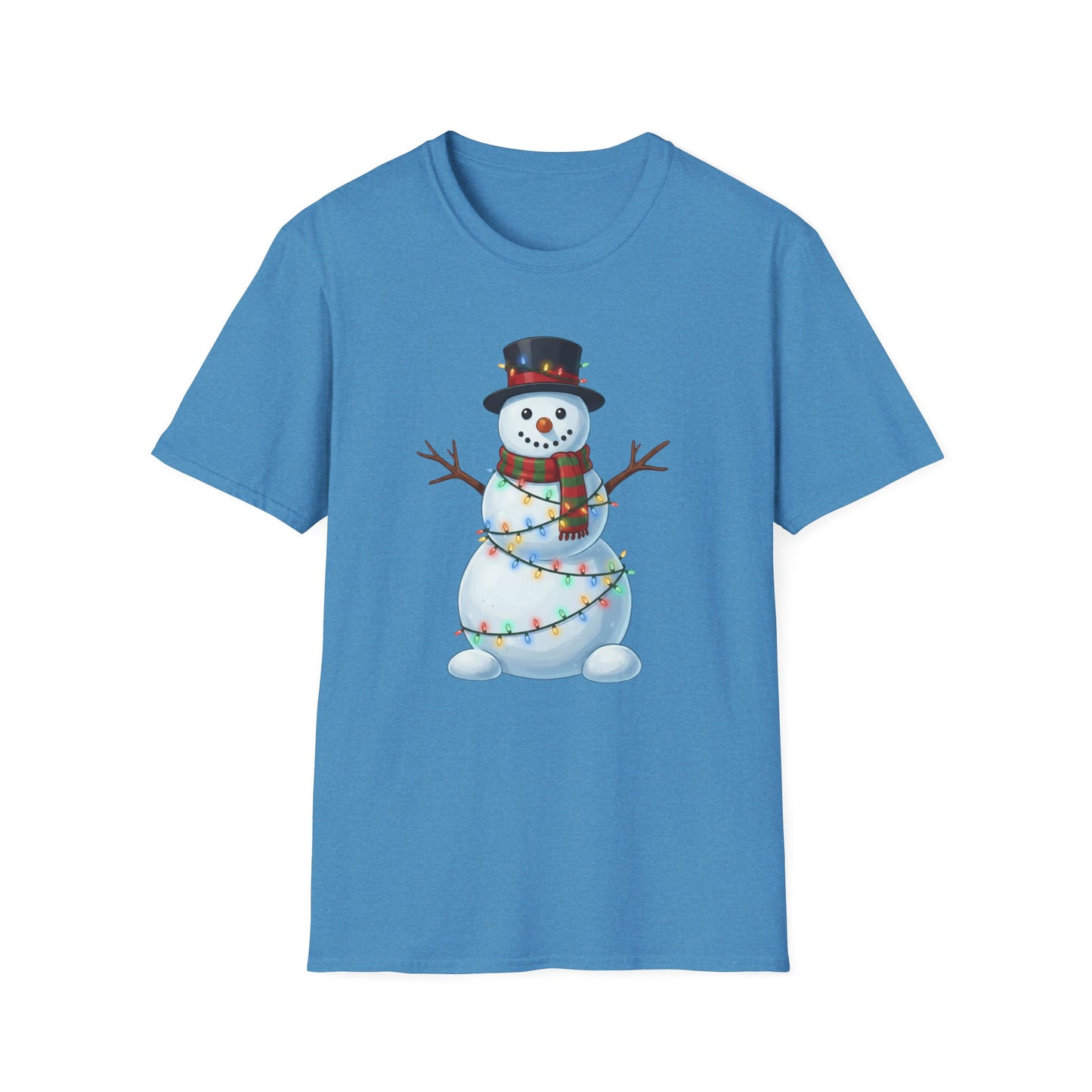 Cute Snowman Christmas Shirt, Snowman Wrapped in Christmas Lights Tee, Holiday Winter Snowman Top Hat Shirt, Funny Cozy Christmas T Shirt