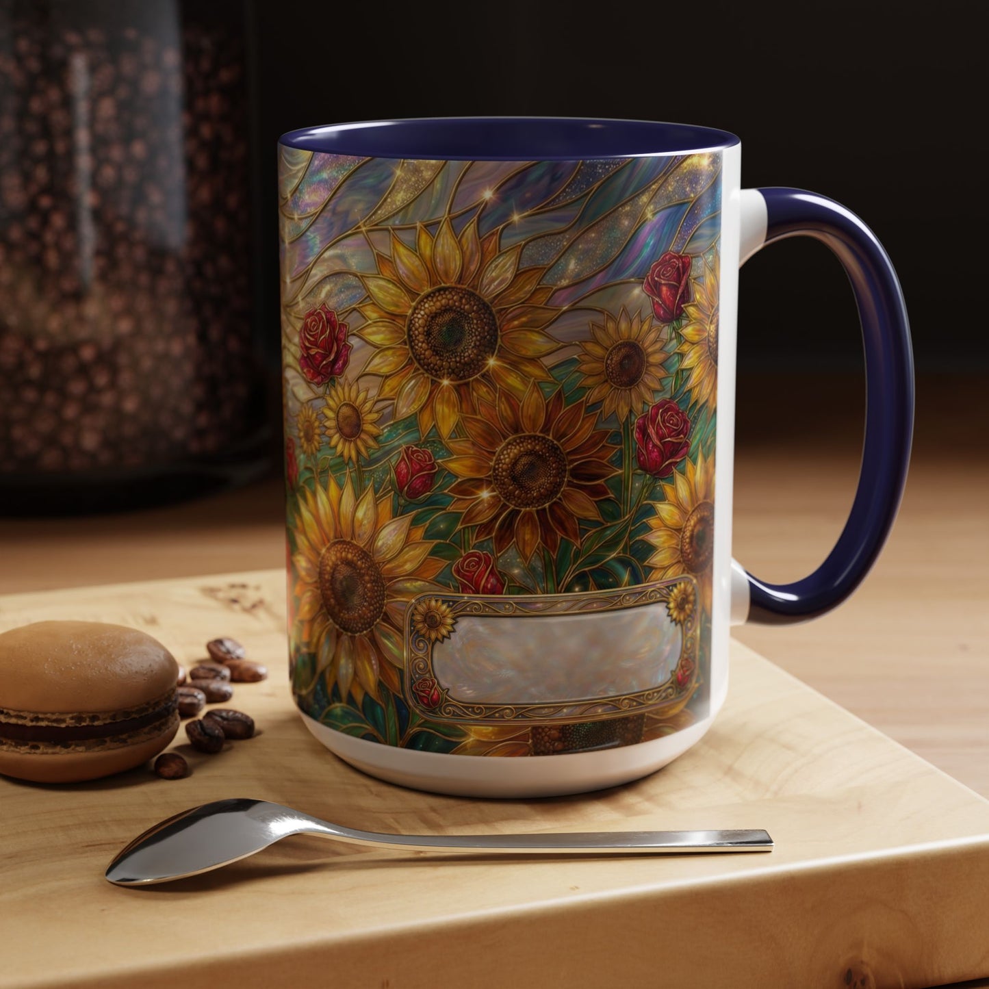 Personalized Stained Glass Sunflower Mug, Custom Red Rose Floral Coffee Cup, Celestial Night Sky Botanical Teacup, Gift For Flower Lover