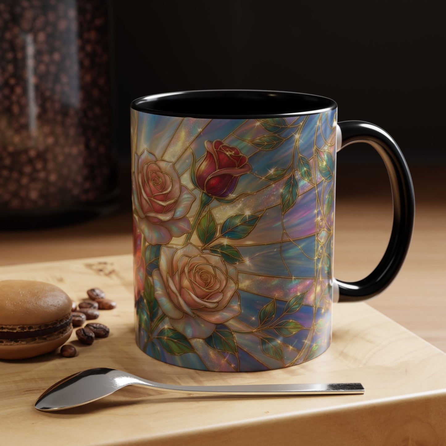 Stained Glass Rose Mug, Floral Art Coffee Cup, Elegant Rose Flower Mug, Blue Gold Glass Style Design, Romantic Gift For Her Decor