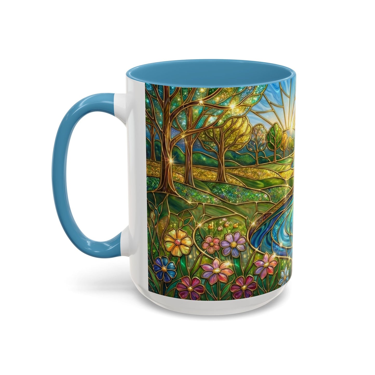 Stained Glass Mug, River Landscape Coffee Cup, Nature Lover Gift, Floral Tea Mug, Gardener Present, Art Teacher Gift, Colorful Scenery Cup