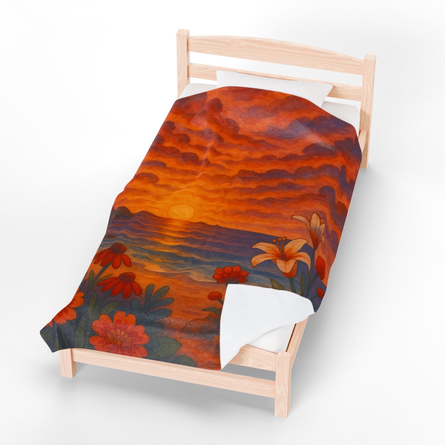 Sunset Floral Blanket – Cozy Beach Sunset Throw with Flowers | Colorful Velveteen Plush Blanket for Couch, Bed, or Gift