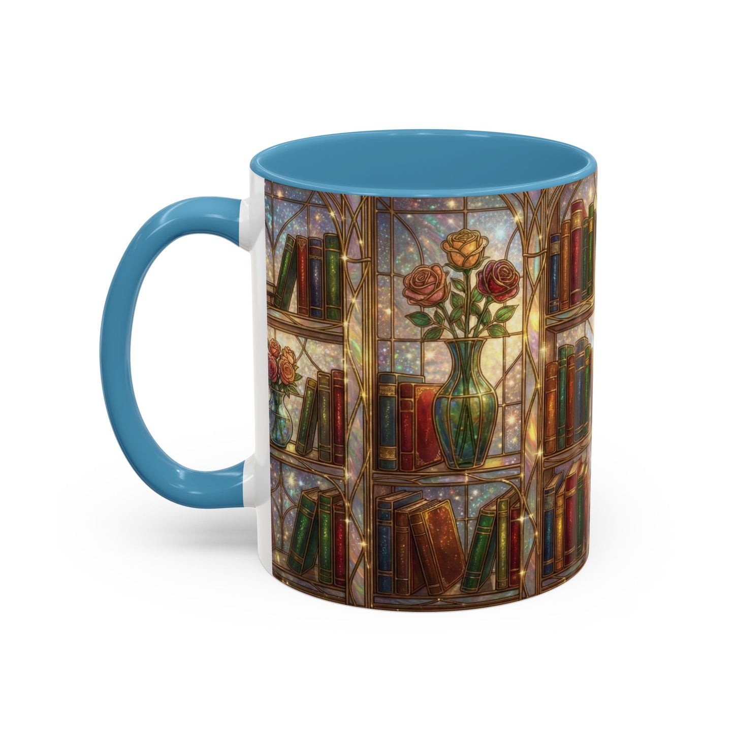 Stained Glass Books Mug, Book Lover Coffee Mug, Cozy Library Mug, Bookish Gift For Readers, Dark Academia Mug, Floral Bookshelf Cup