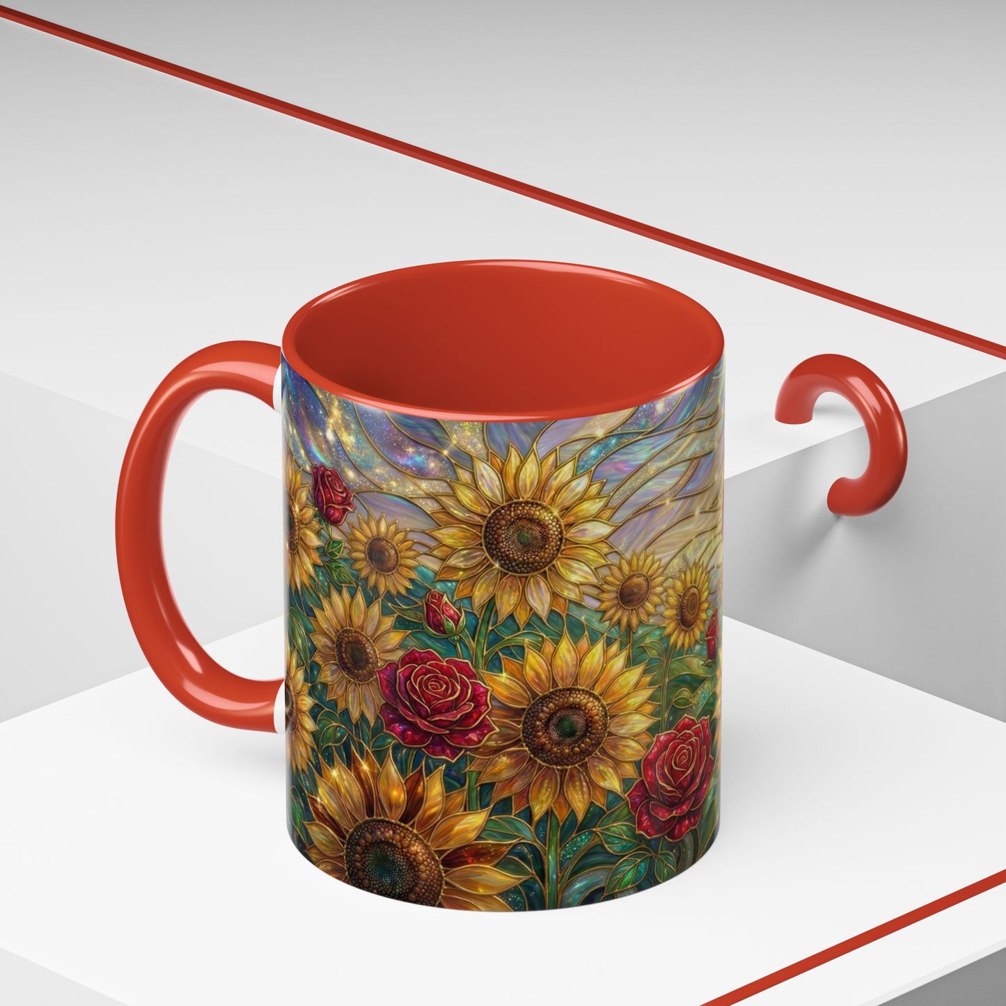 Personalized Stained Glass Sunflower Mug, Custom Red Rose Floral Coffee Cup, Celestial Night Sky Botanical Teacup, Gift For Flower Lover
