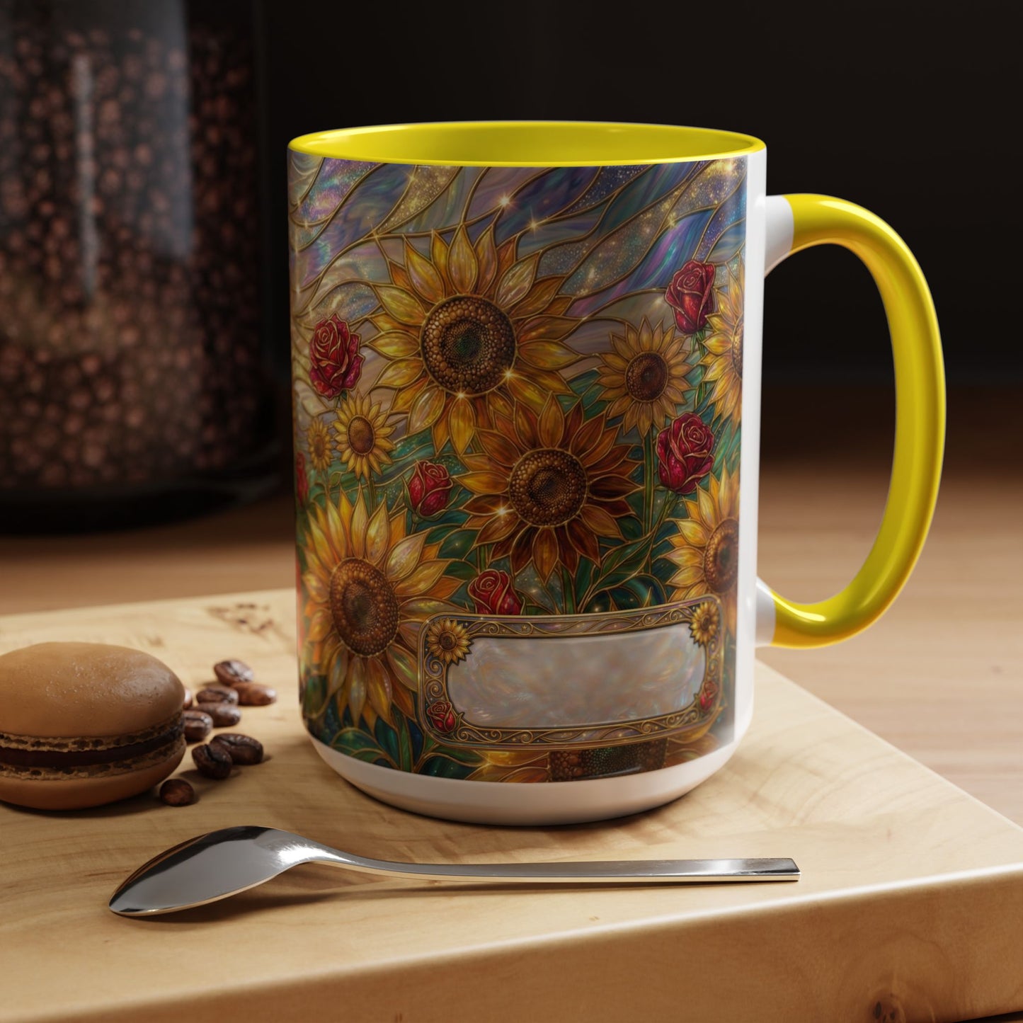 Personalized Stained Glass Sunflower Mug, Custom Red Rose Floral Coffee Cup, Celestial Night Sky Botanical Teacup, Gift For Flower Lover